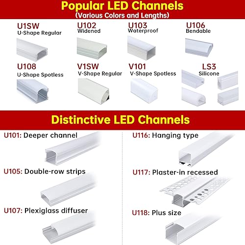 Vista 9 de Muzata Paquete de 10 canales LED de plata flexible de 3.3 pies/3.3 ft Canal difusor LED en forma de U de aluminio con cubierta blanca lechosa U106