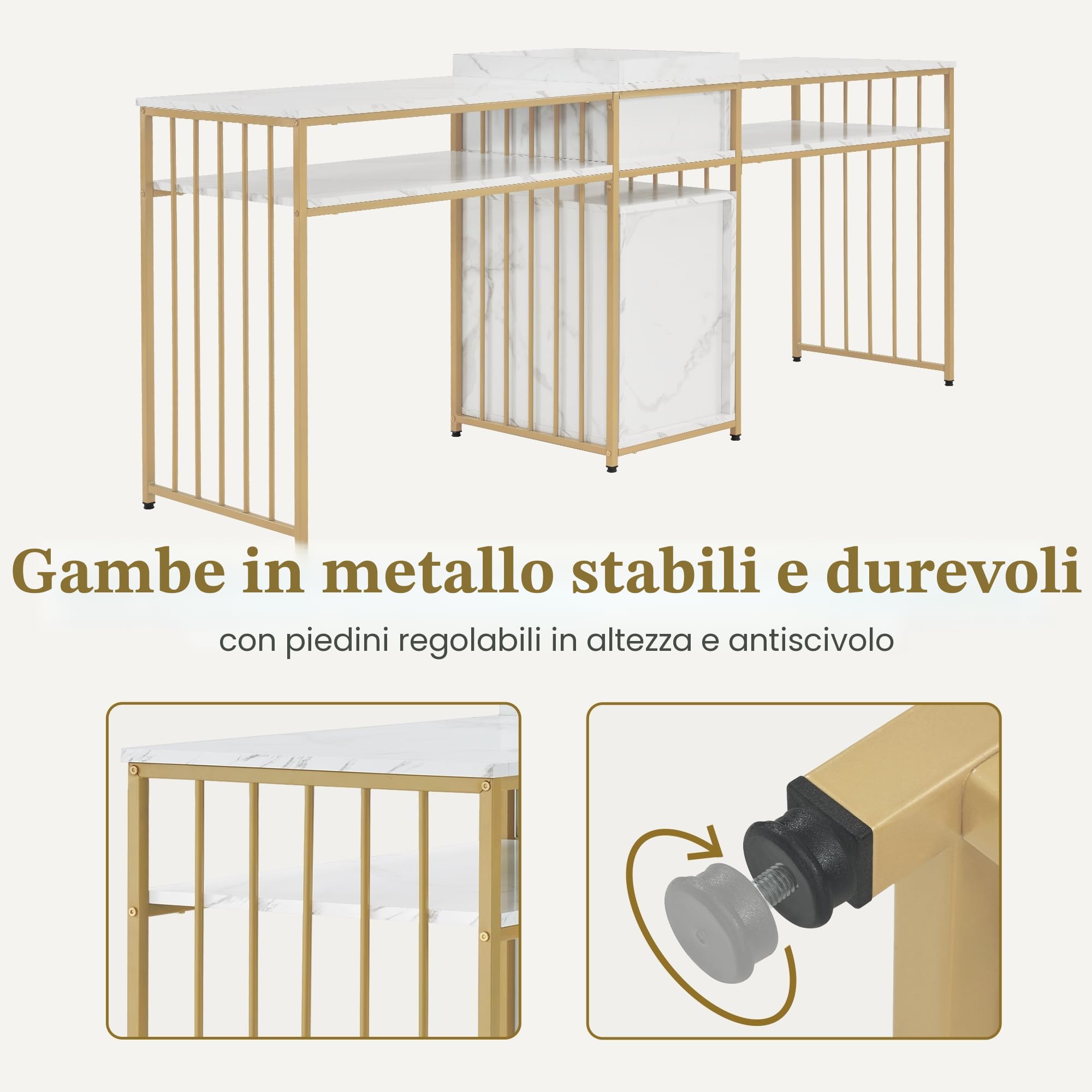 MCombo M tavolo per unghie doppio con cassetti, scrivania con ripiano, tavolo per manicure, toletta senza specchio soggiorno moderno, marmo-bianco-oro, 50 x 200 x 86cm, 2413