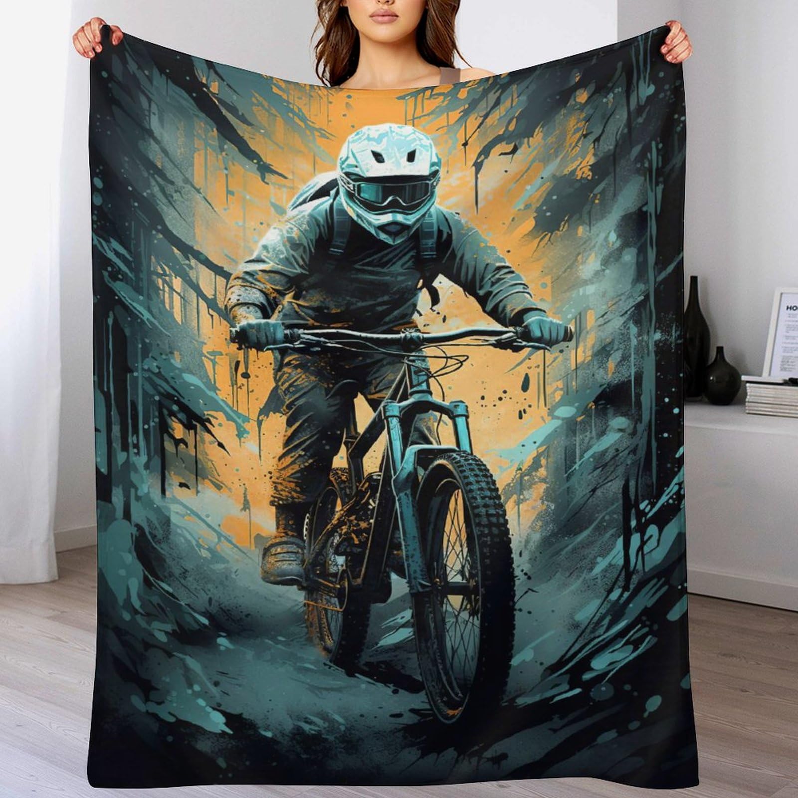 Couverture 3D vélo de montagne en flannel douce et chaude de 130x180cm
