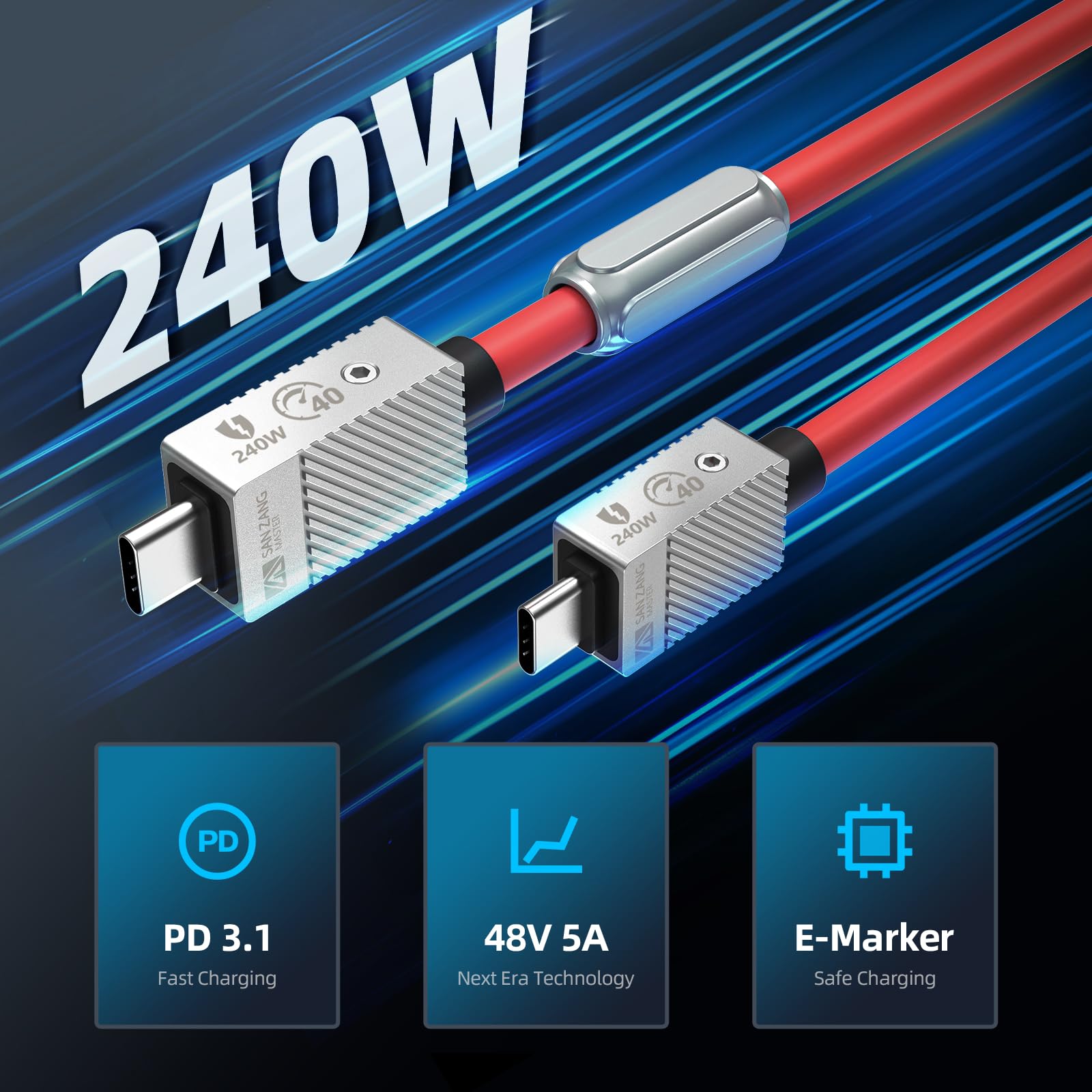 Cavo da USB C a USB C da 240W per cavo USB 3.2 Gen 2 compatibile con Thunderbolt 2, E-Marker da 240W, cavo DisplayPort 4k60hz, cavo di trasferimento dati a ricarica rapida da 20 Gbps 0,5 m, rosso