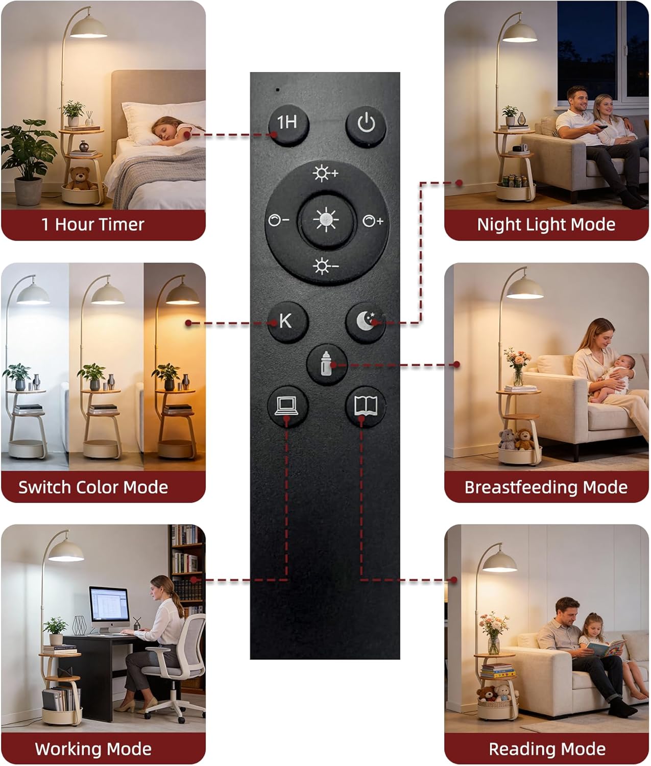 Modern Smart Floor Lamp with Side Table, 3 Color Temperatures, Stepless Dimming, Remote & App Control, Adjustable Height, 2-Tier Shelf & Storage Basket, for Living Room Bedroom Office White