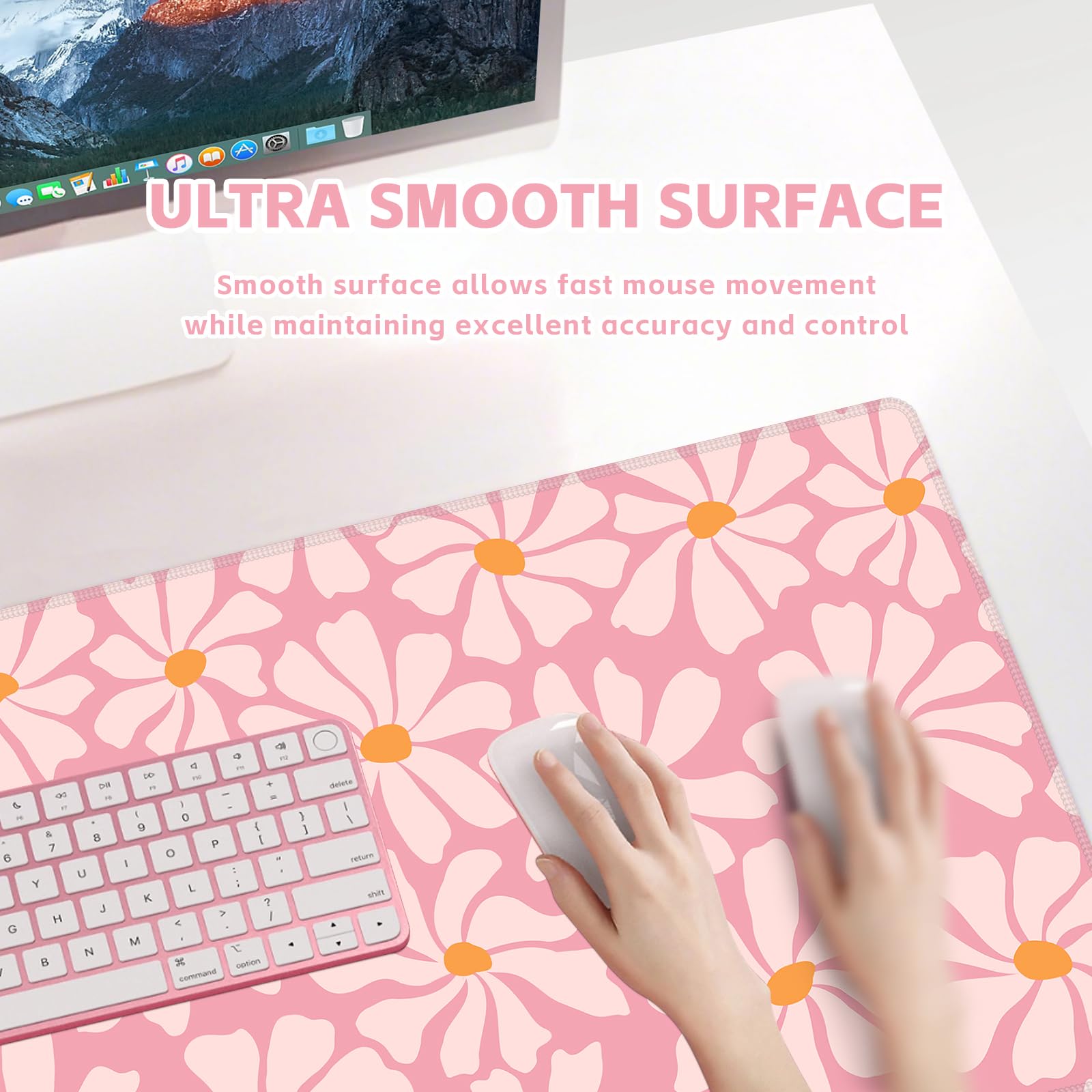 Baziabbo Alfombrilla de escritorio rosa, XXL extendida grande, alfombrilla de mouse para juegos con borde cosido, base de goma antideslizante para teclado para el hogar, oficina, juego de estudio