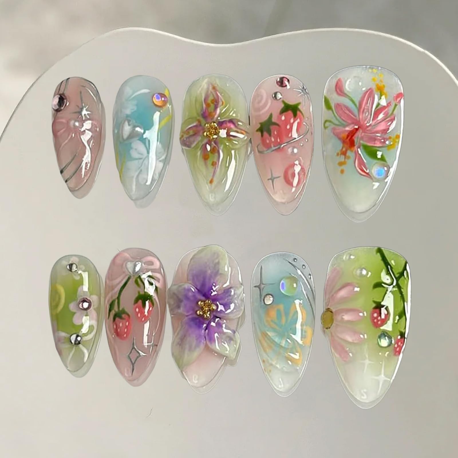 FrostyFlair Press On Nails, 30 Pieces 3D Flower Sticker Nails, Medium Almond Fake Nails