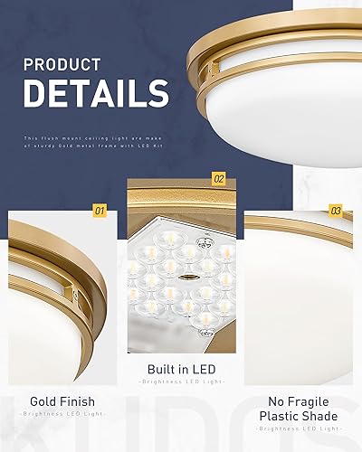 Miniatura 3 de kudos KDCL04-GD-2PK - Lámpara de techo dorada de montaje empotrado, 12 pulgadas, luces de techo de 11 W500 lm para dormitorio, pasillo, cocina, sala