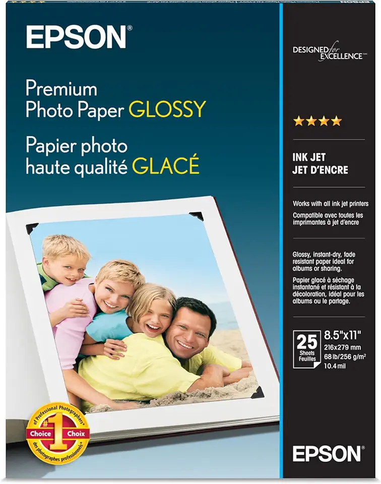 Epson Papel fotográfico premium brilhante (21 x 28 cm, 25 folhas) (S042183), branco
