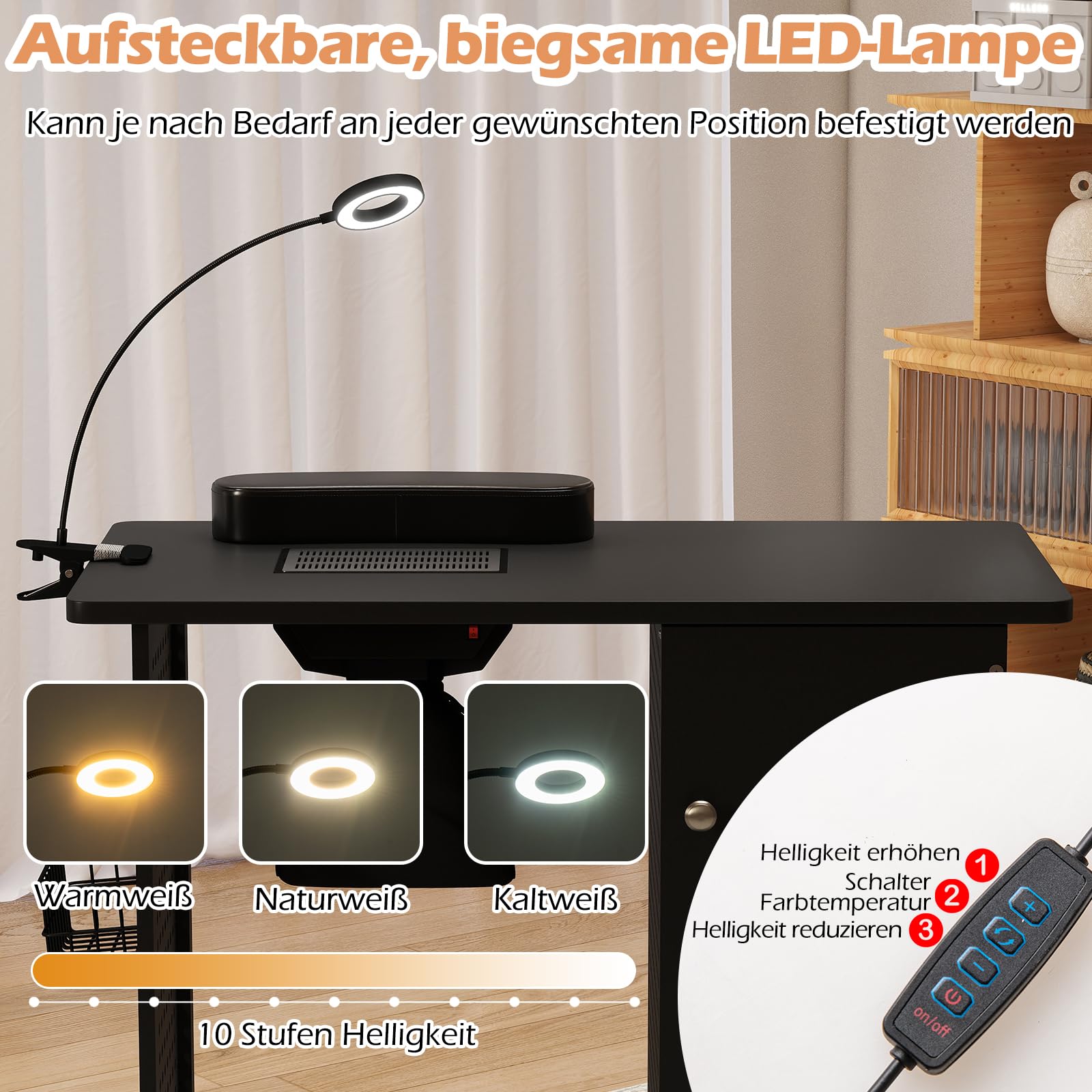 GOPLUS Nageltisch mit 6 Rollen, Maniküre Tisch mit Staubbeuteln & Verstellbares Licht mit Clip & Abnehmbarer Kasten & Metallkorb & Tür & 4 Schubladen, Nagelfrisiertisch, 90 x 45 x 78,5 cm