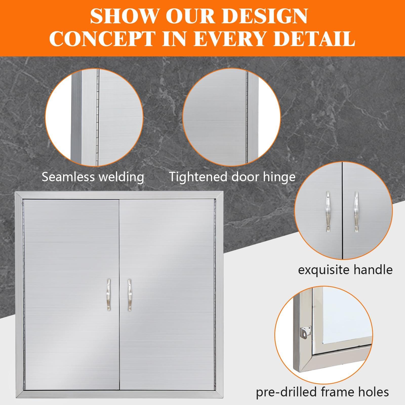 Garvee Puerta Doble para Cocina Exterior 77,5 × 53,3 cm, Acero Inoxidable, Puerta de Acceso BBQ Empotrable con Cierre Magnético, Resistente al Agua y a la Corrosión
