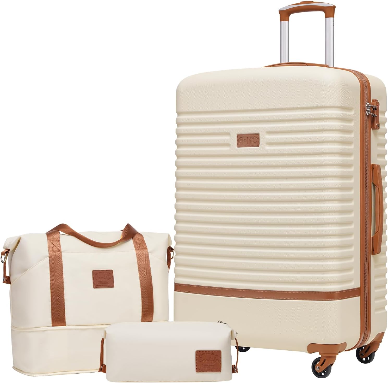 Suitcase Set 3PC - 28" Lightweight ABS Hard Shell Luggage + Travel Bag, Large Suitcase with 360° Wheels, TSA Locks for Family Travel, Cruise & Long Trips White/Brown