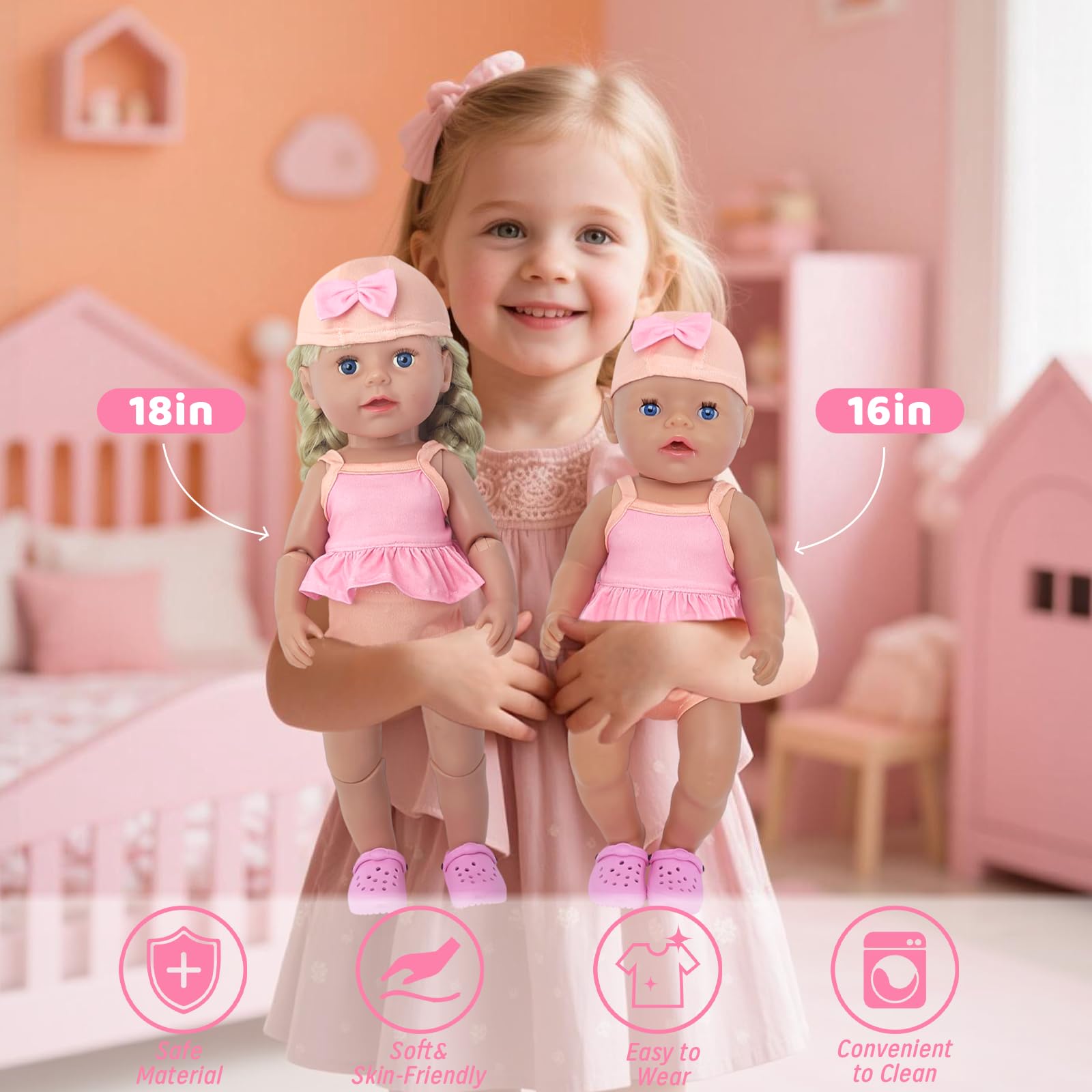 Set da 6 pezzi da nuoto per bambole, abbigliamento estivo per bambole da 14 a 18 pollici, con cuffia da bagno, costume da bagno, anello da nuoto, occhiali da sole, infradito per bambole da 30 – 43 cm