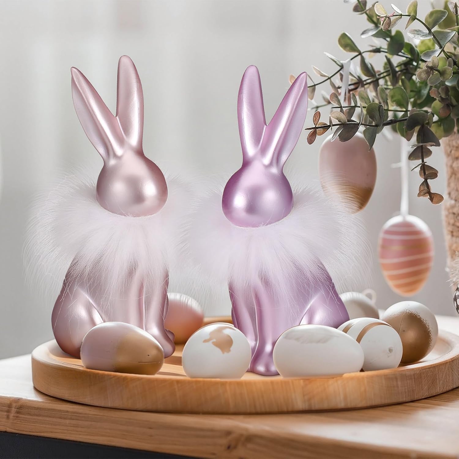 Condition photo showing New/Like New for 4 pcs pastel easter bunny figurine decoration 6 inch pearly pastel rabbit figurine vintage resin easter iridescent rabbit decor with white fluff on neck for spring home tabletop centerpiece
