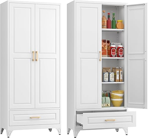 Miniatura 18 de Armario de despensa de cocina, gabinete de almacenamiento de metal de 75 pulgadas de alto con puertas y estantes, 4 pies de pie, armario para
