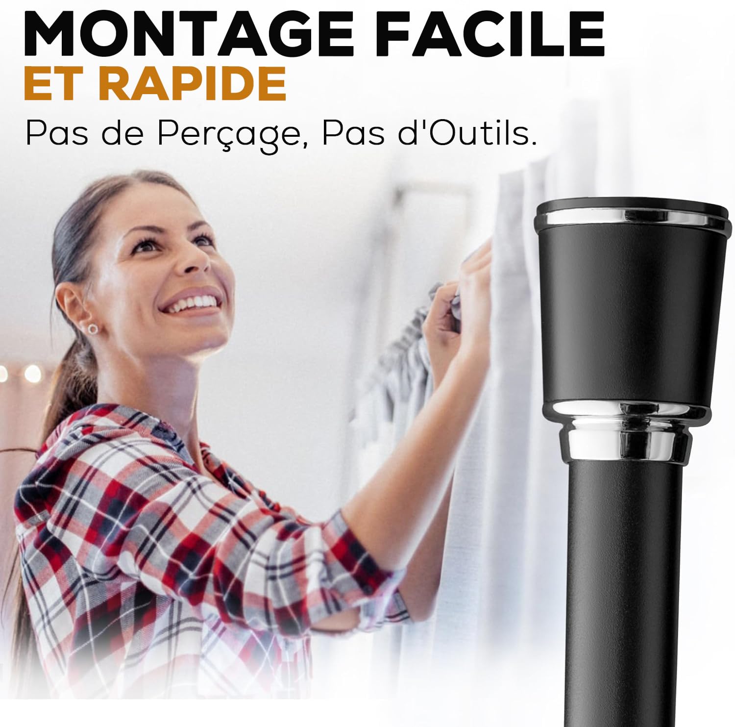MEISENBERG Tringle Rideau Sans Percage, Barre Rideau Extensible pour Rideaux, Salles de Bains et Balcon - 170-220 cm, Noir