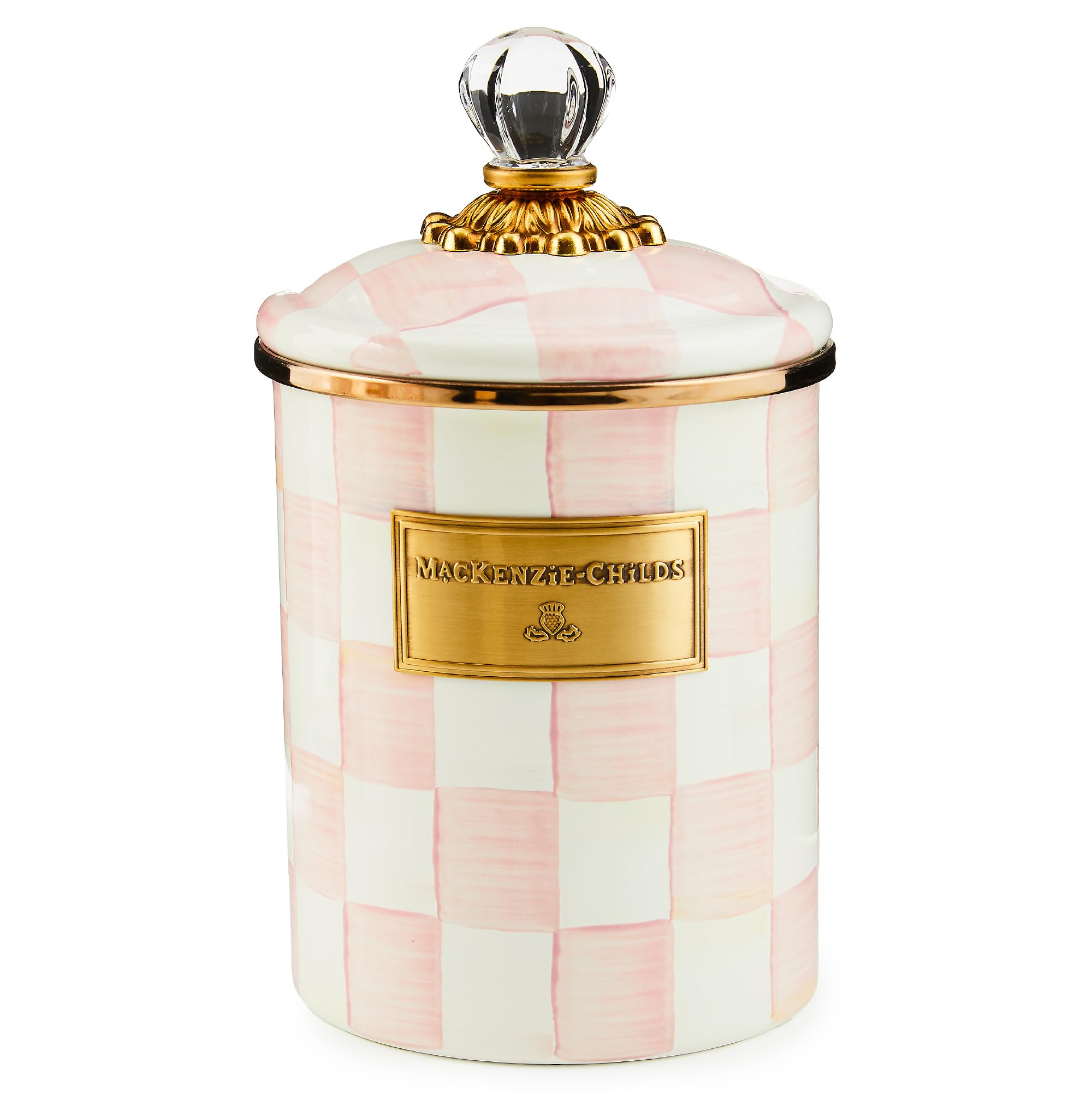 MACKENZIE-CHILDS Medium Enamel Canister, Kitchen Storage Container for Flour and Sugar, 1.42 Liters, Pink-and-White Rosy Check