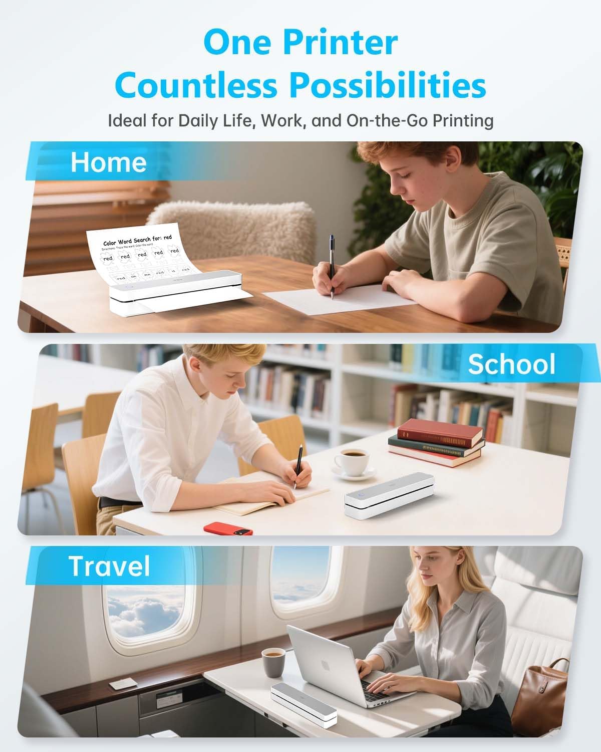 PRT Inkless Portable Printer for Travel, Wireless Thermal Printer Support 8.5 x 11 Inch US Letter A4 B5, Bluetooth Mobile Printers with iOS, Android, Laptop for Home Use, Car, Office, School, Grey