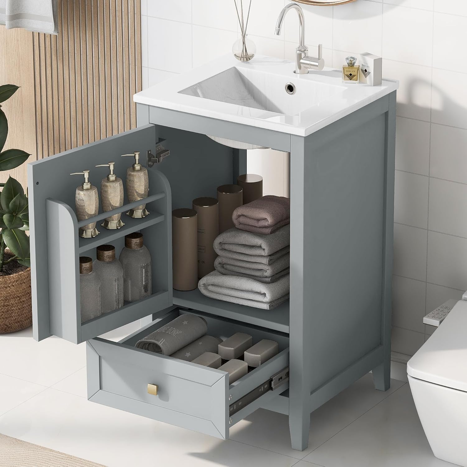 Bellemave grey freestanding 20 inch bathroom vanity with ceramic sink and gold handles