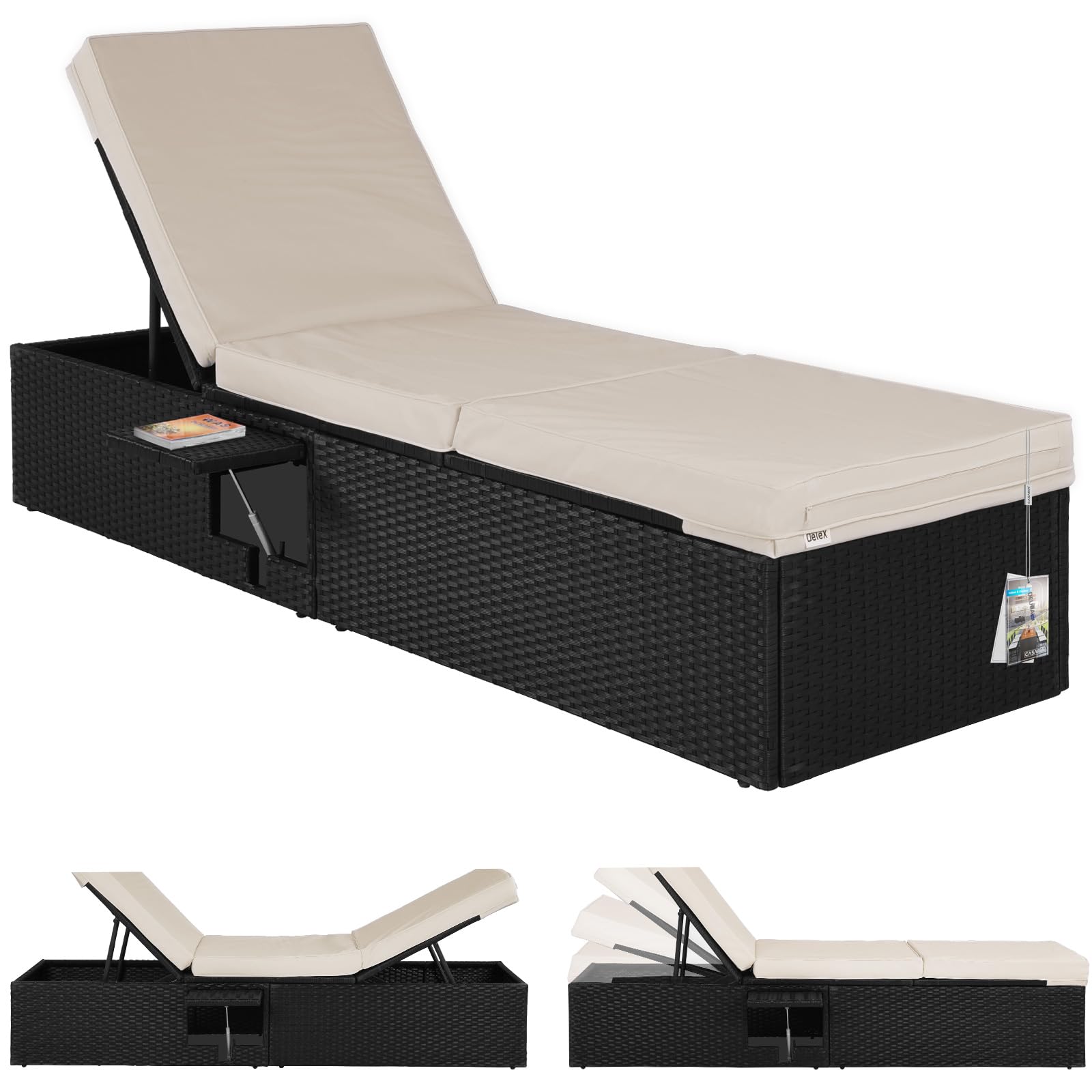 CASARIA® Tumbona de Jardín 200x58cm Mesa Plegable Cojín Mueble Poliratán Resistente Intemperie 7 Posiciones Negro Crema