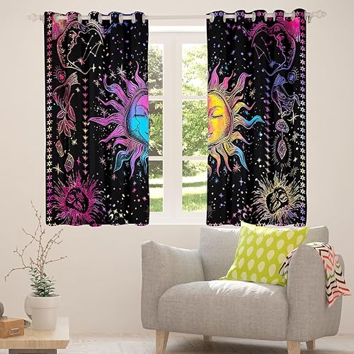 Miniatura 3 de Cortinas y cortinas bohemias con diseño de sol y luna, teñido anudado arcoíris, galaxia, psicodélica, de 84 pulgadas de ancho x 63 pulgadas de