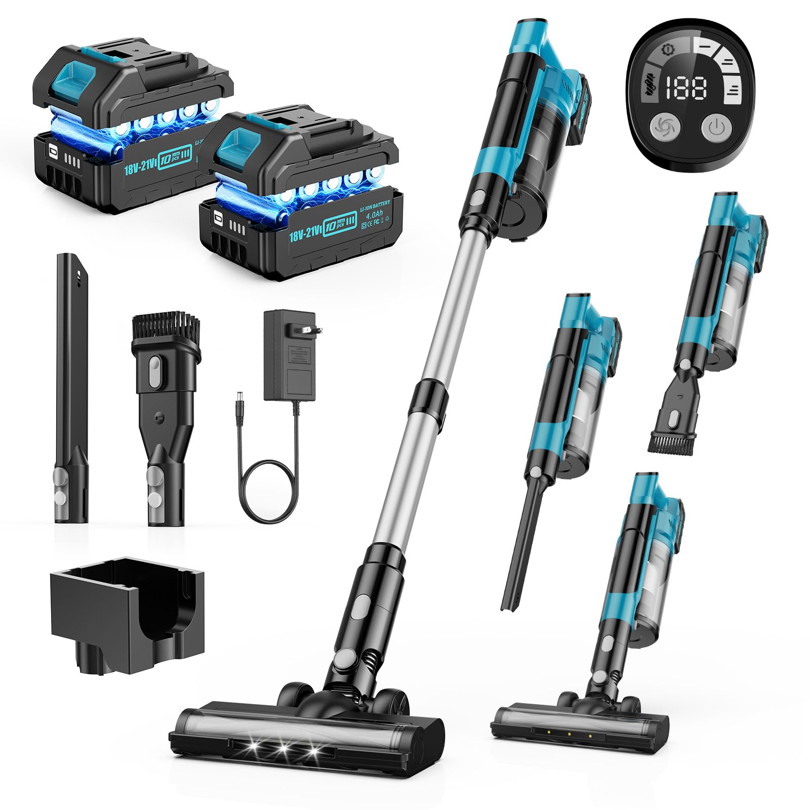 Akku Staubsauger,60000Pa/700W/70 Mins Staubsauger Kabellos mit 2 * 4,0 Ah Abnehmbaren Akkus,LED Touchscreen,Anti-Tangle Bodenbürste,2L Akkustaubsauger für Teppich/Tierhaare/Hartböden