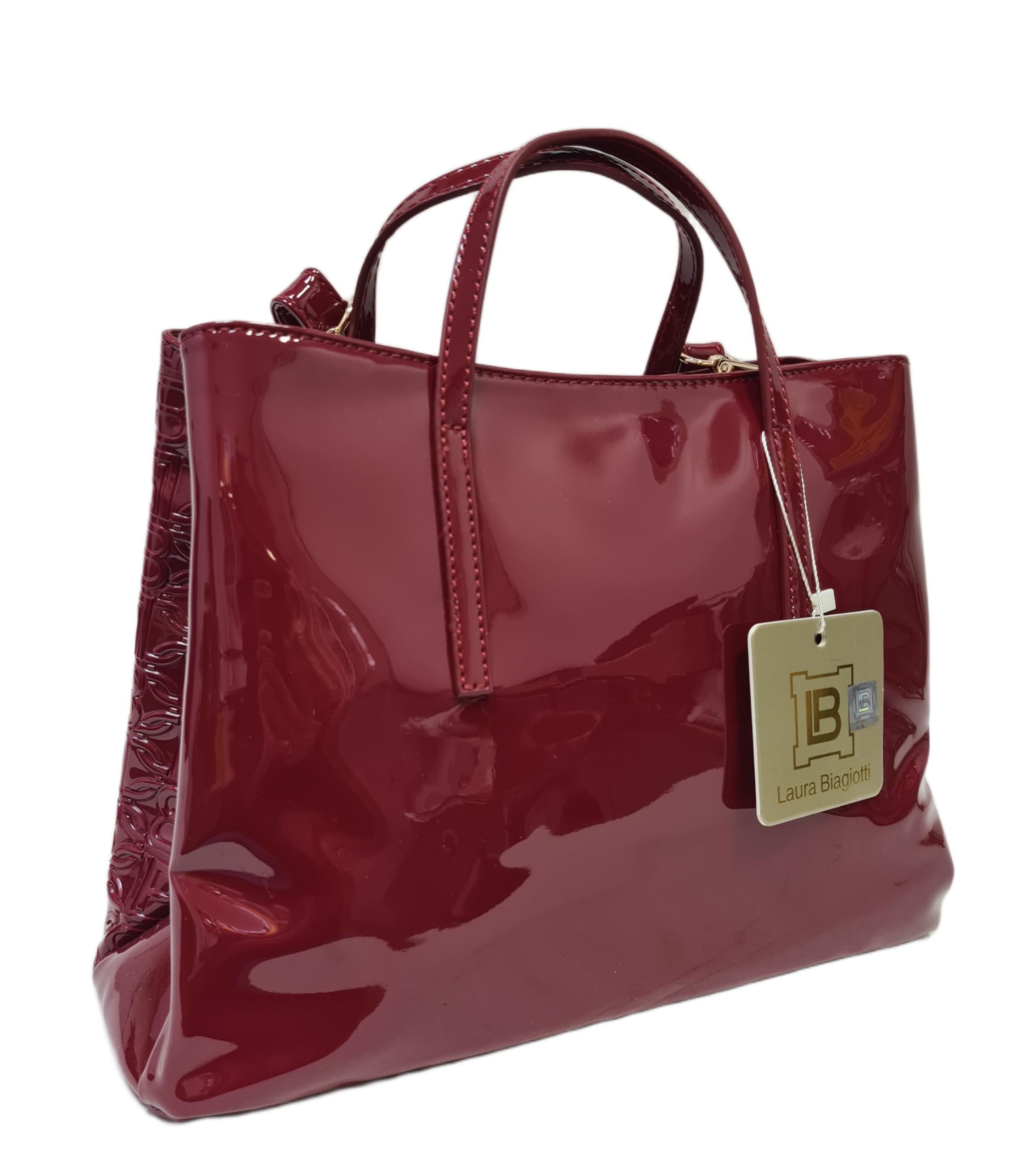 Laura Biagiotti Borsa Donna Linea Arcade, Pelle Sintetica Verniciata, Stampa LB, Manici Doppi e Tracolla Rimovibile, Dimensioni 30x12x22 cm, Accessori Oro ART.LB25W-250-1