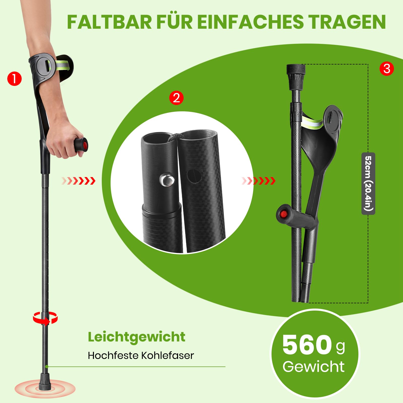 Carbonfaser Krücken Faltbar (2 Stück), Schwarz, Leichte Unterarmgehstützen 560g, Klappbare Gehhilfe für Senioren, Höhenverstellbare Gehstützen