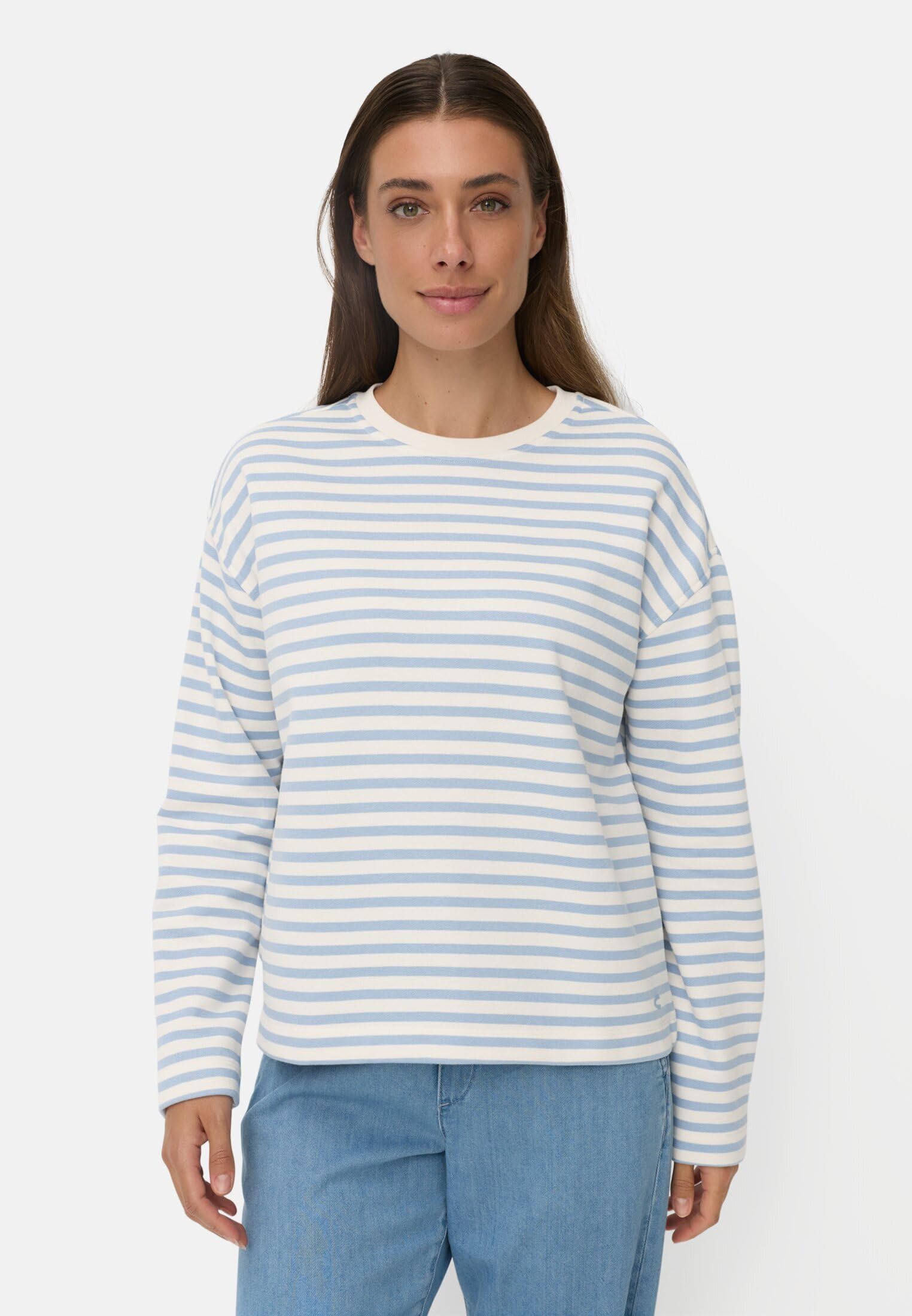 camel active Damen Sweatshirt aus einem Baumwollmix | Gestreiftes langarm Sweatshirt mit Rundhalsausschnitt im Boxy Fit