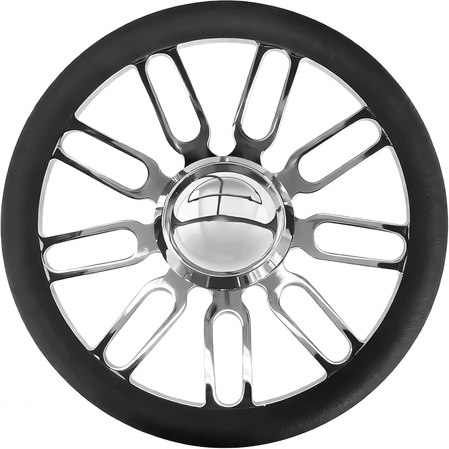 14" ‘Retro’ Style Billet Aluminum 9-Bolt Steering Wheel, Black Leather Half Wrap with 9-Bolt Dish Design & Mirror-Polished Horn Button, Fits Most 1967-94 GM Cars