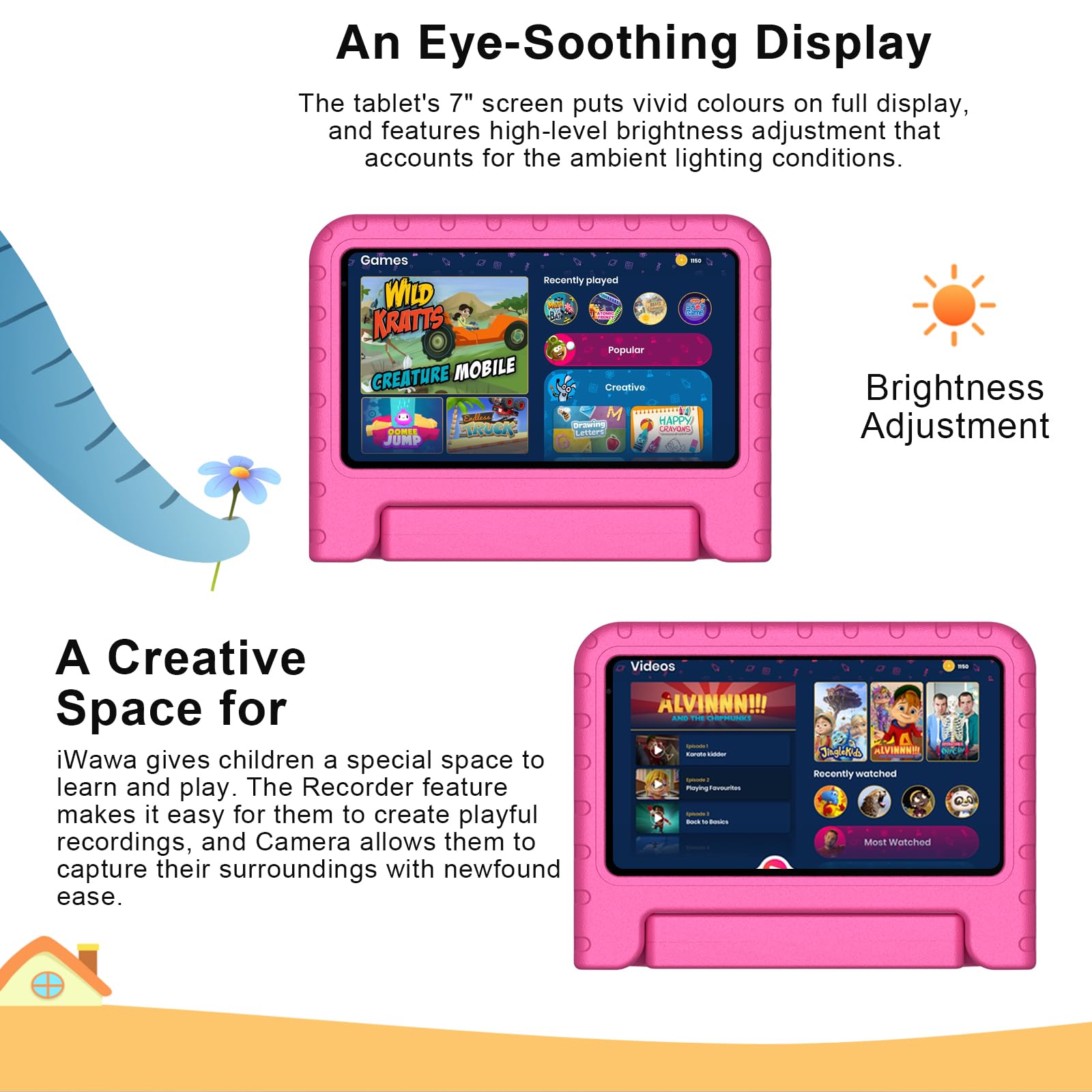 Dghrti Tablet 7 Pollici Android, Quad-core, 7GB +64GB (TF 512GB), Controllo Parentale, 3500mAH, BT 5.0, 5+8MP, Tablets con EVA Custodia Protettiva Resistente Agli Urti,Rosa