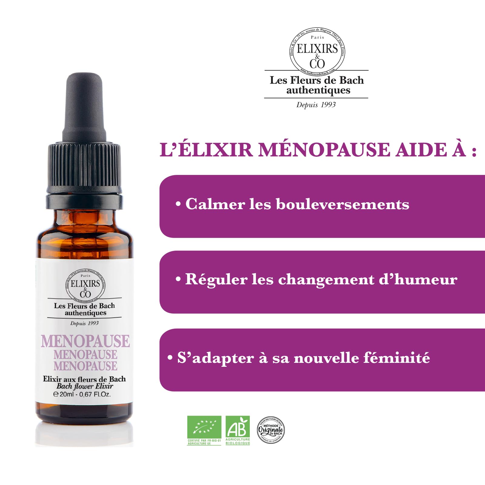 Elixir & Co Ménopause Bio Prêt à l'Emploi, Composé Unique aux Fleurs de Bach 20ml - Calme, Sommeil, Vie Intime Adulte - Compte Gouttes Fleur De Bach 100% Naturel - Fabriqué en France