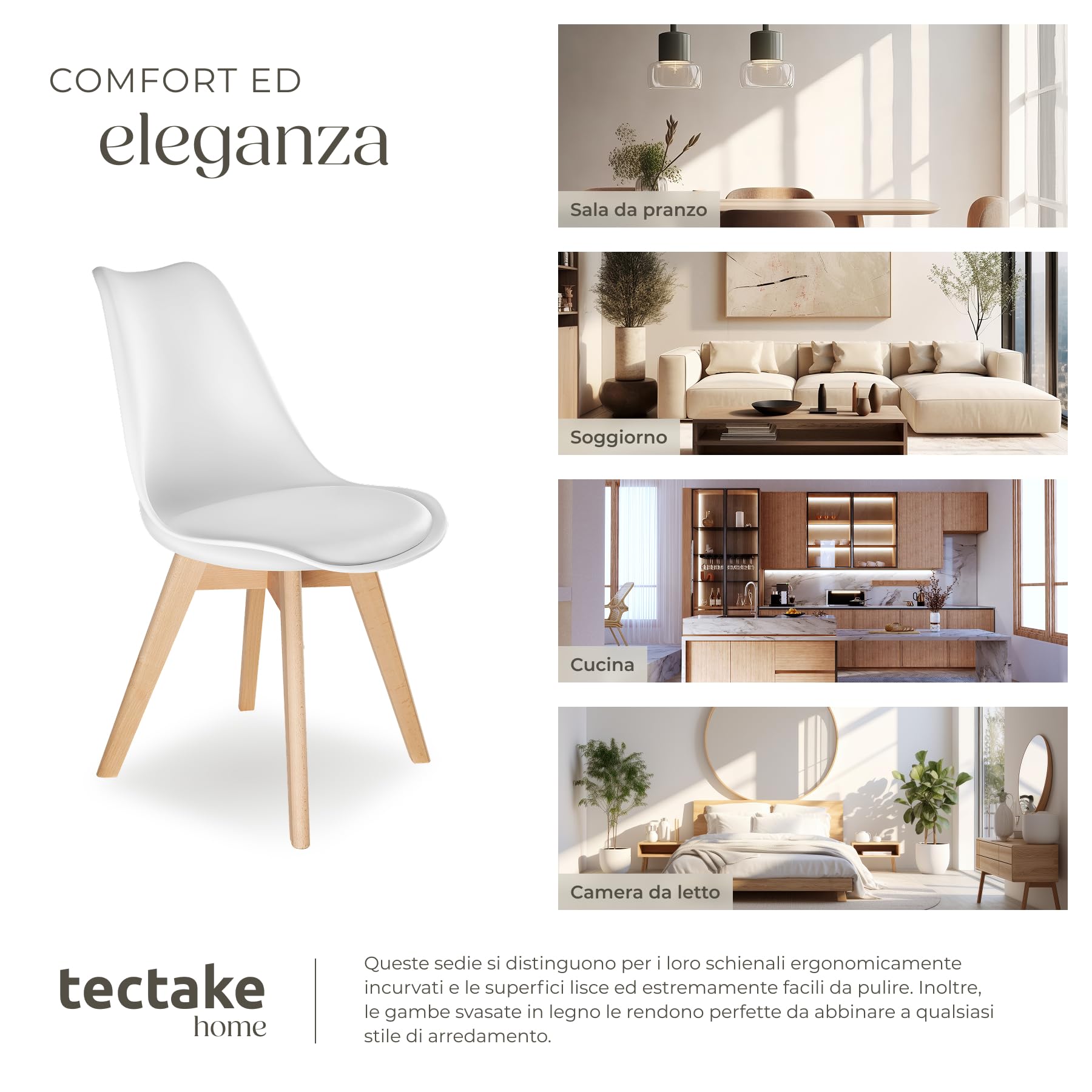 tectake® Set di 2 Sedie da Pranzo, Design Ergonomico, Perfette per Sala da Pranzo e Cucina, Struttura Stabile, Seduta Confortevole, Facili da Pulire - Bianco
