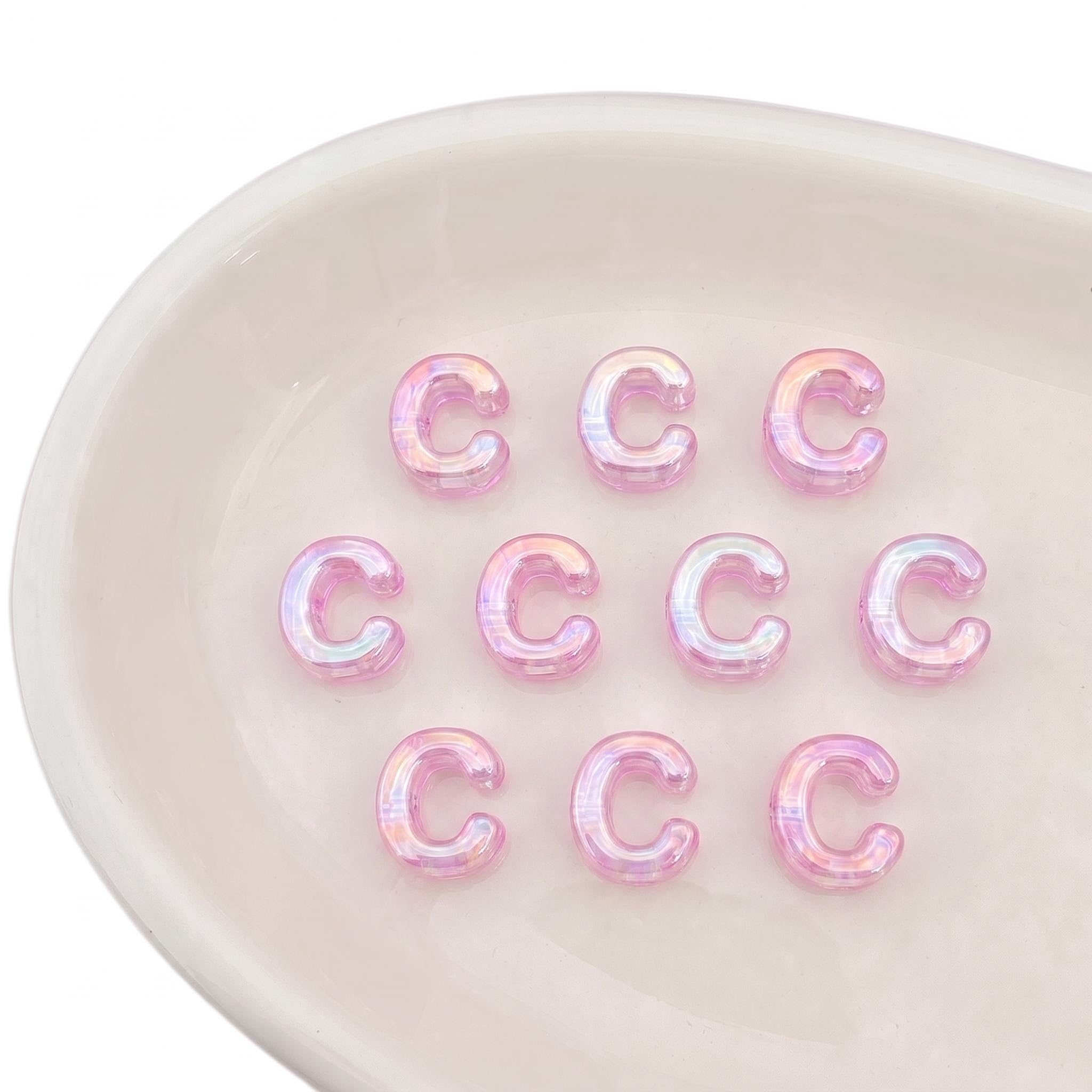 Letter Beads 10pcs, Large Acrylic Alphabet Beads with 6mm Hole, Iridescent Holographic UV Plated for Bracelet Making, Jewellery, Keyrings & Craft (Iridescent Light Pink, Letter C)
