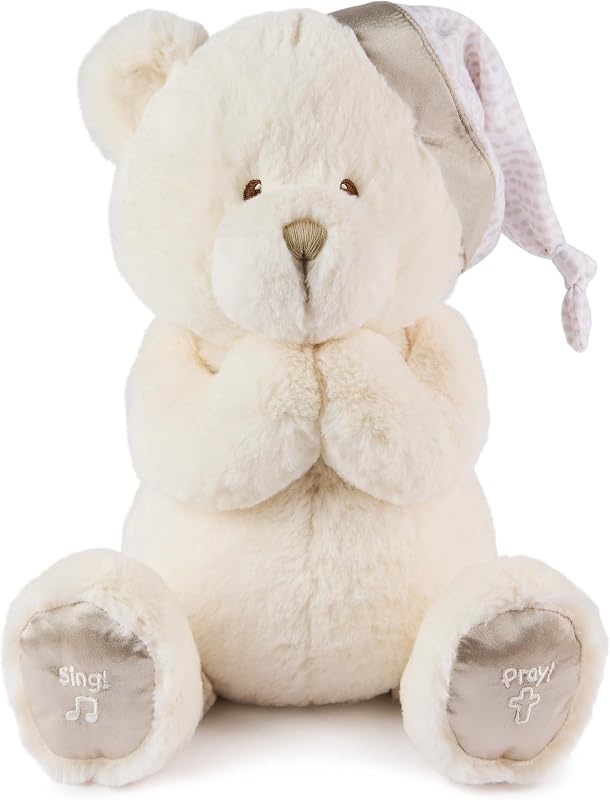 Animated Goodnight Prayer Bear, Spiritual Plush Teddy Bear, Sensory Toy Stuffed Animal for Ages 0 and Up, Cream, 11"