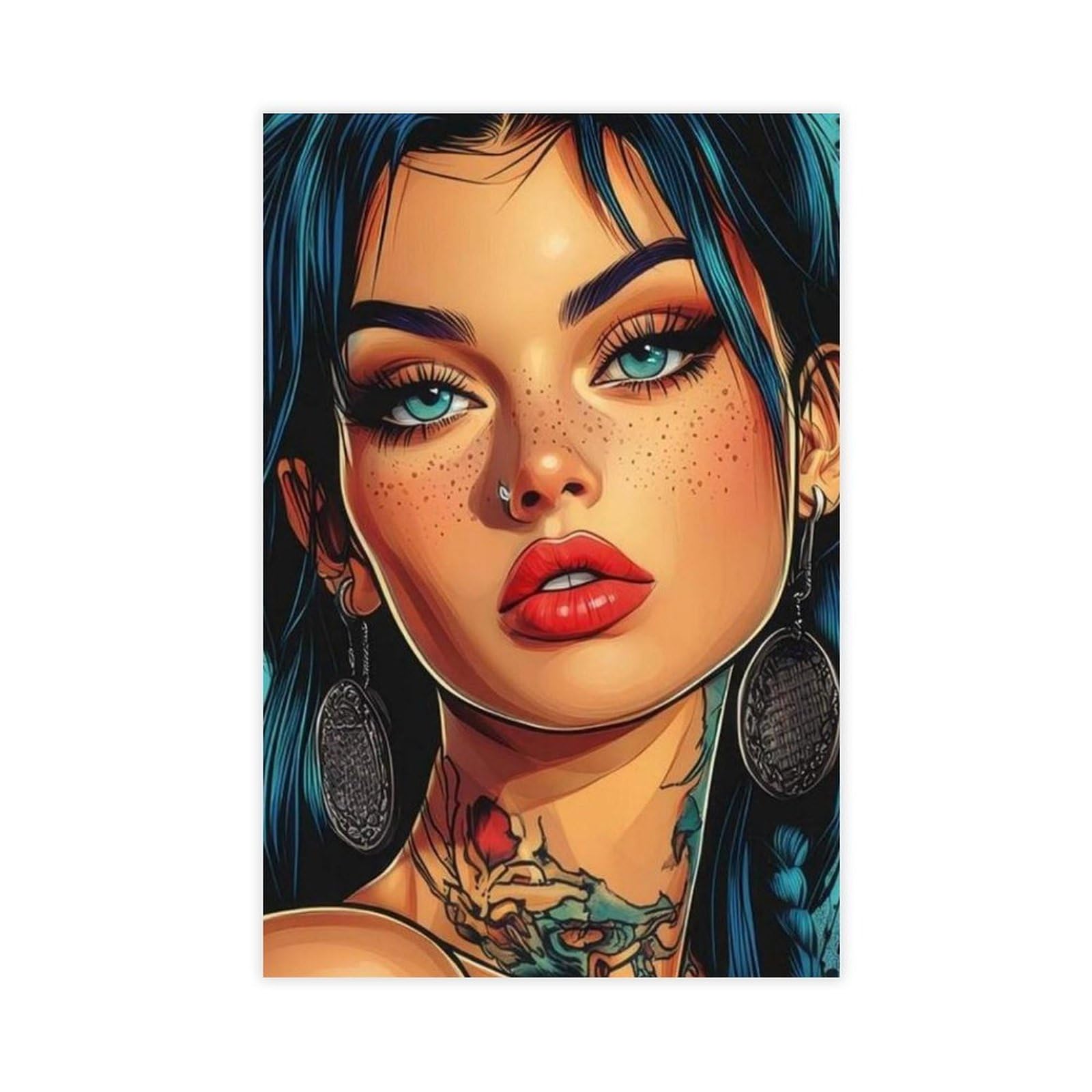 WJWART Poster Pop Art - Femme tatouée audacieuse de style bande dessinée - Décoration de chambre à coucher - Cadeau de décoration de chambre à coucher (60 x 90 cm)