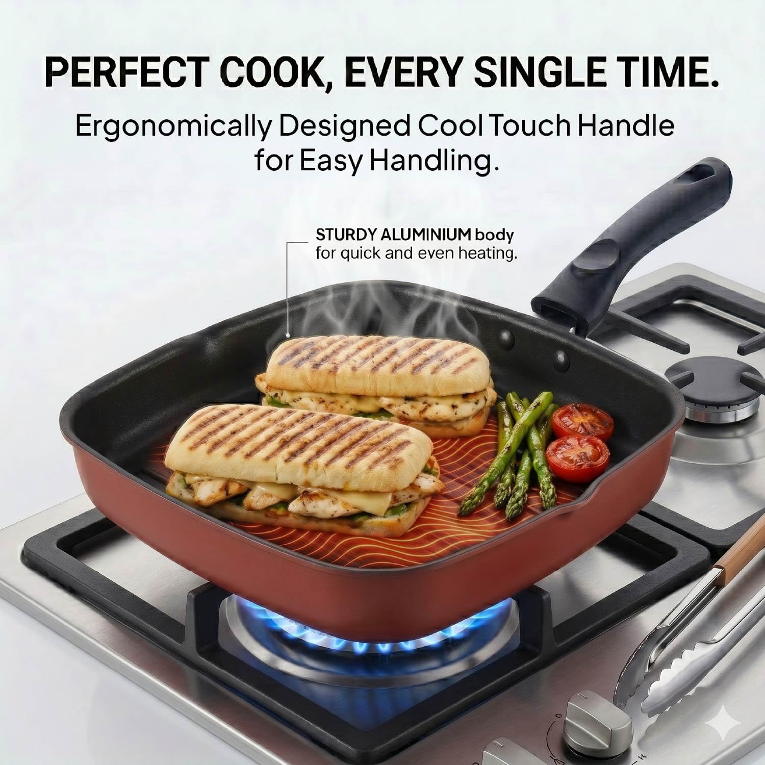 CELLO Aluminium Non-Stick Base Grill Pan with Cool Touch Handle, Black | Scratch Resistant, PFOA Free Low-Oil Use, Gas Stove Compatible | For Sandwich Indoor/Outdoor Sizzling Grilling Frying Cooking 1