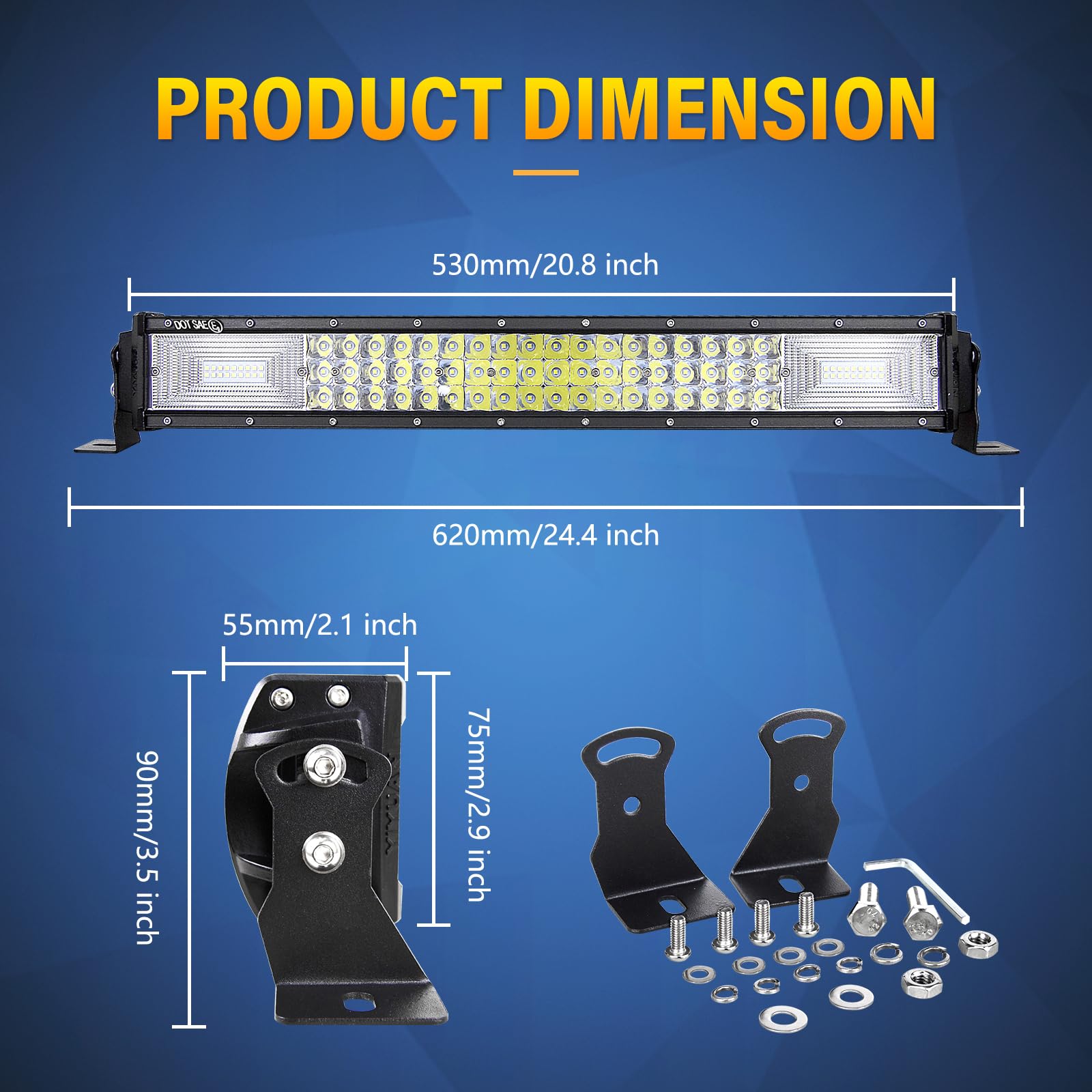 RIGIDON Listwa oświetleniowa LED 7D do samochodu, prosta 56 cm 270 W trójrzędowa, 12 V z kablami, terenówki, ciężarówki, SUV, UTE, ATV, 4x4, flood/spot/combo, wodoodporna, 6000 K białe światło