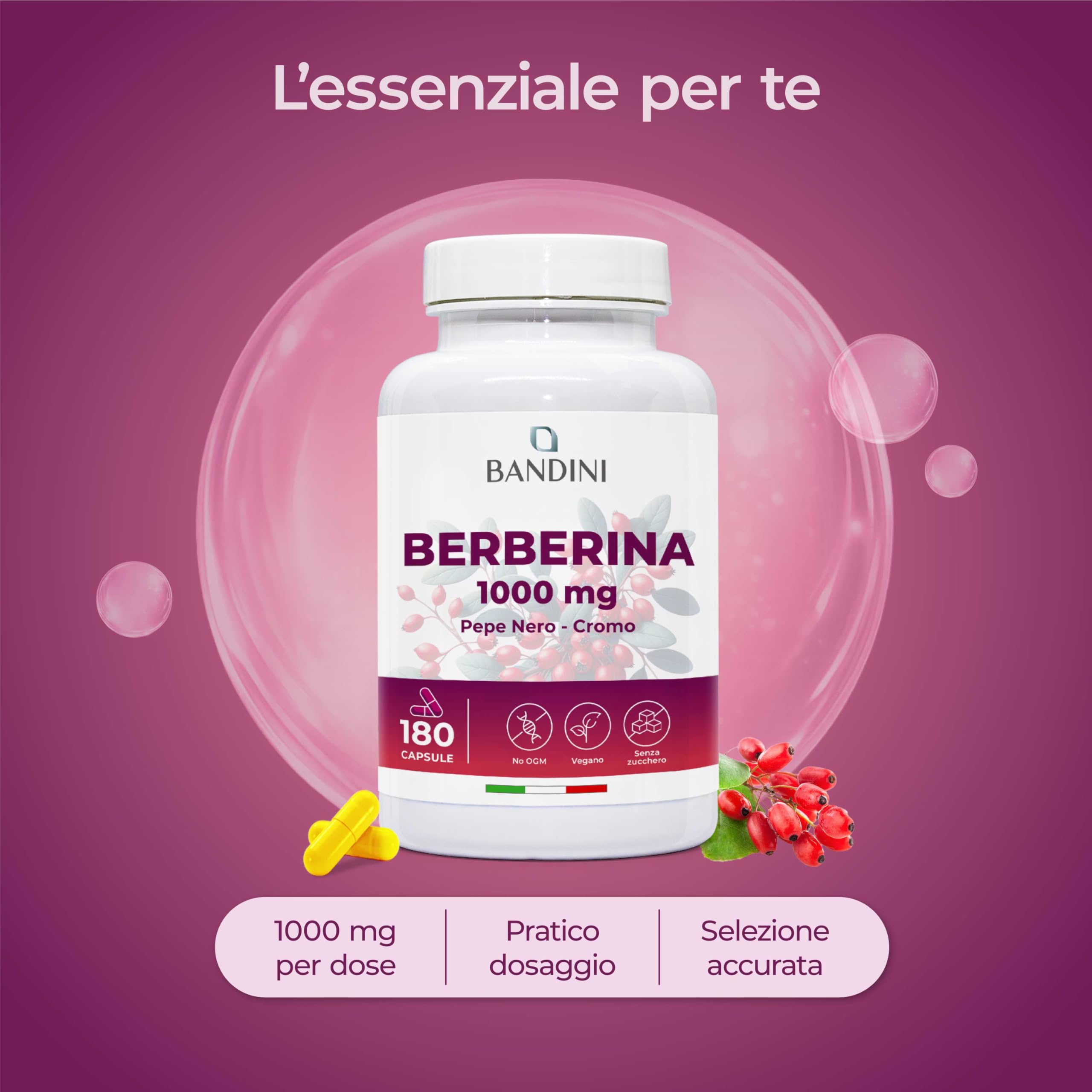 Bandini® Berberina 1000mg pura alto dosaggio | 180 capsule vegane - Berberin HCl da Berberis Aristata al 97% + Cromo e Pepe Nero | Massimo assorbimento - Funzione digestiva, epatica, intestinale