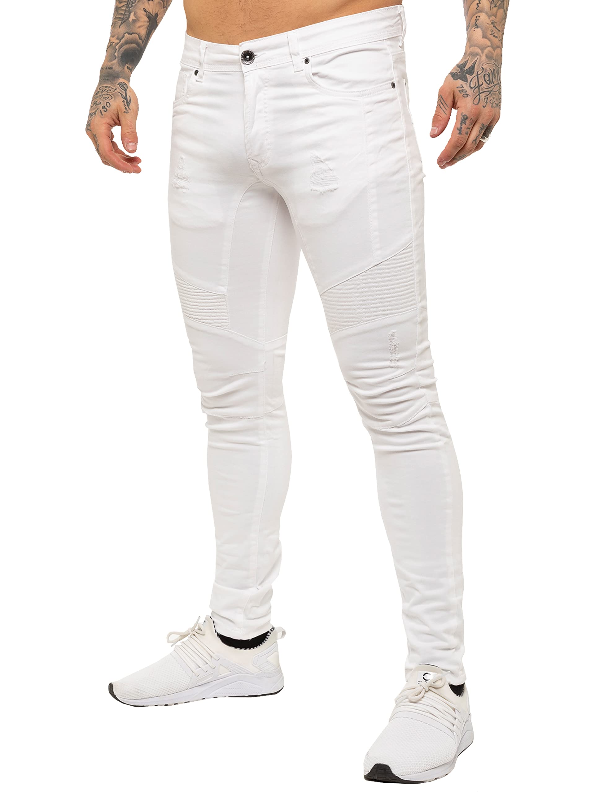 New ENZO Mens Stretch Skinny Fit Biker Blue Denim Jeans 34 W X 32R White