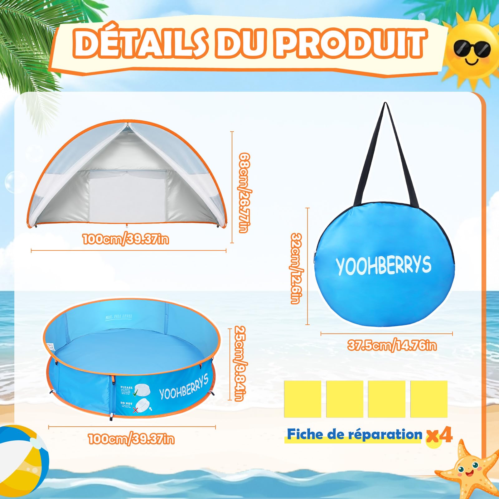 YOOHBERRYS Piscine Bebe avec Pare Soleil 4 en 1, Tente Anti UV Bébé FPS 50+, Tente de Plage Bebe avec Moustiquaire, Pop-Up Piscine de Plage, Petite Piscine Bebe pour Pique-Nique Jardin Plage