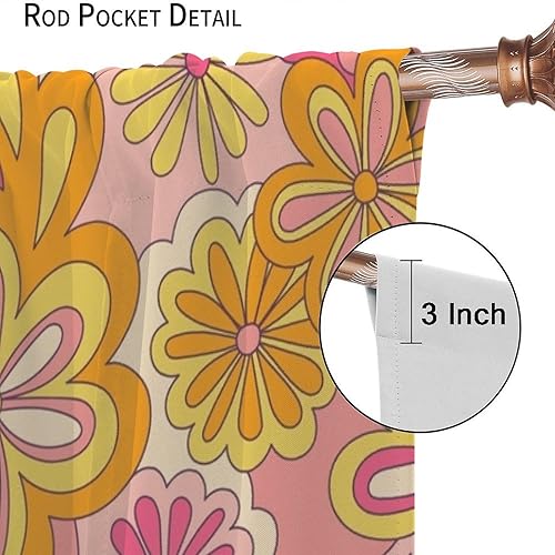 Miniatura 6 de Cortina hippie de mediados de siglo, flores con aspecto de margaritas en estilo abstracto, ondas, retro, años 60, 70, patrón impreso, cortinas de