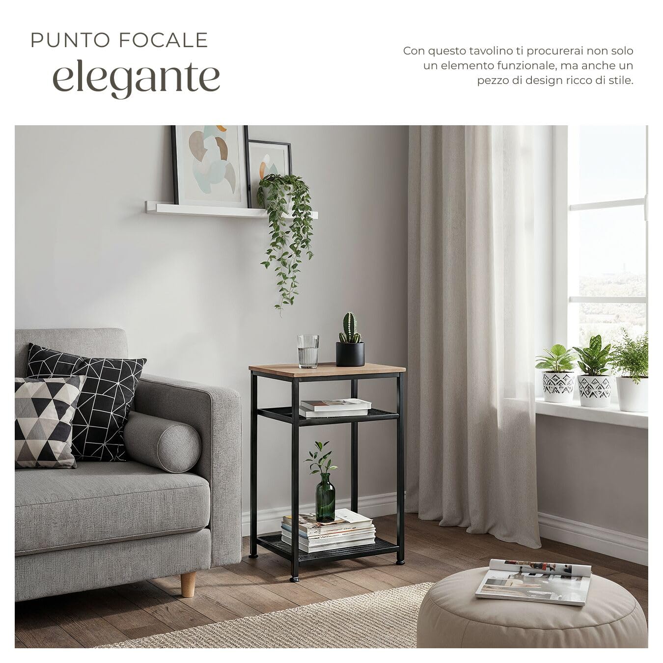 tectake® Tavolino salotto 45,5x36x75,5cm, Tavolino da divano, 3 Ripiani, Salotto, Soggiorno, Camera per Libri, Foto, PC, Piante e Bevande, Arredamento Casa, Ufficio - Legno Industriale Chiaro