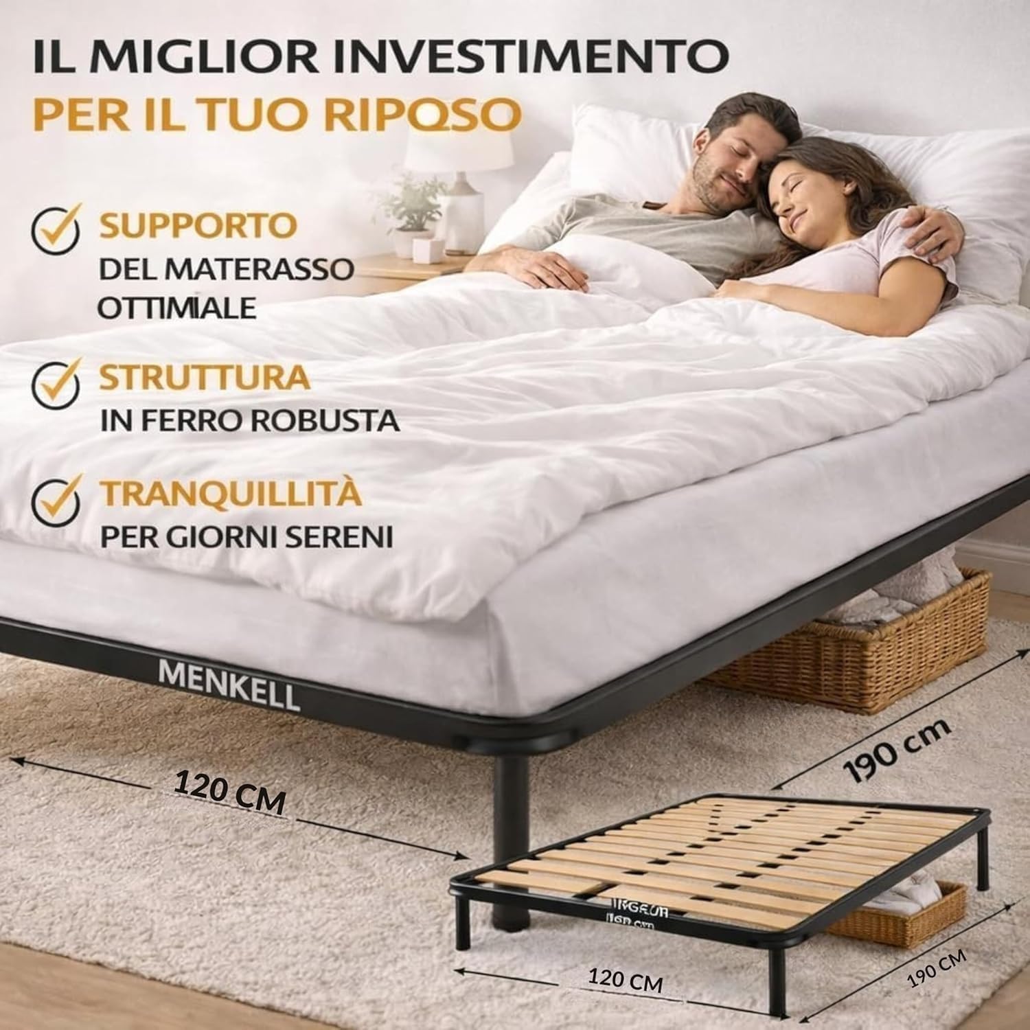 Rete Una Piazza e Mezza 120x190 Ortopedica - con Piedi Antiscivolo 26cm - Rinforzata, con Telaio in Ferro - Per Tutti i Tipi di Materassi, Supporta Fino a 200kg (1 Piazza e 1/2)