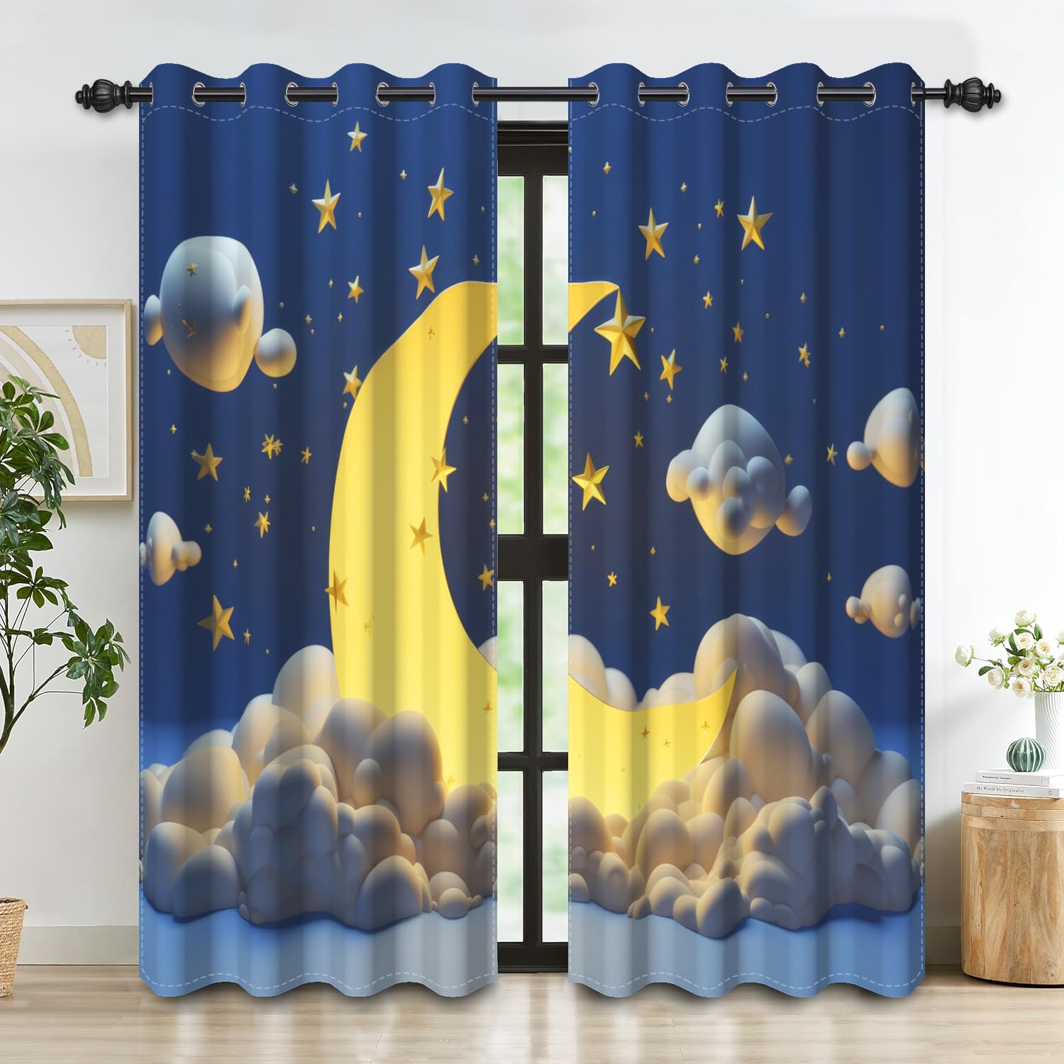 DASHAN Moon and Stars Blackout Curtains for Kids Bedroom 84 inch Long 2 Panels Good Night Window Curtains for Nursery Blue Sleeping Room Darkening