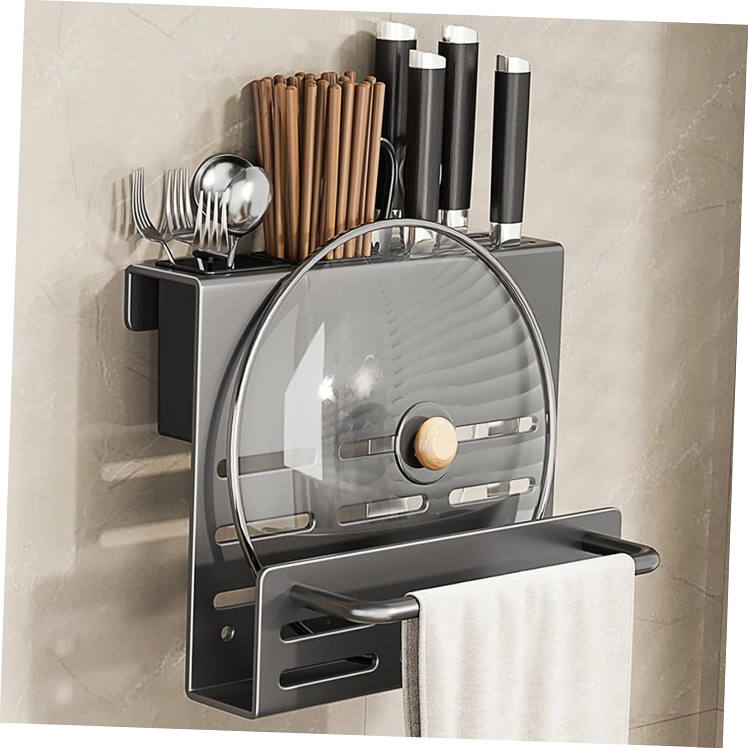 Wall Mounted Cutlery Holder Multifunctional Kitchen Storage Rack for Knives Chopping Board and Utensils Compact Design for Space Saving Organization Stylish Gray Finish