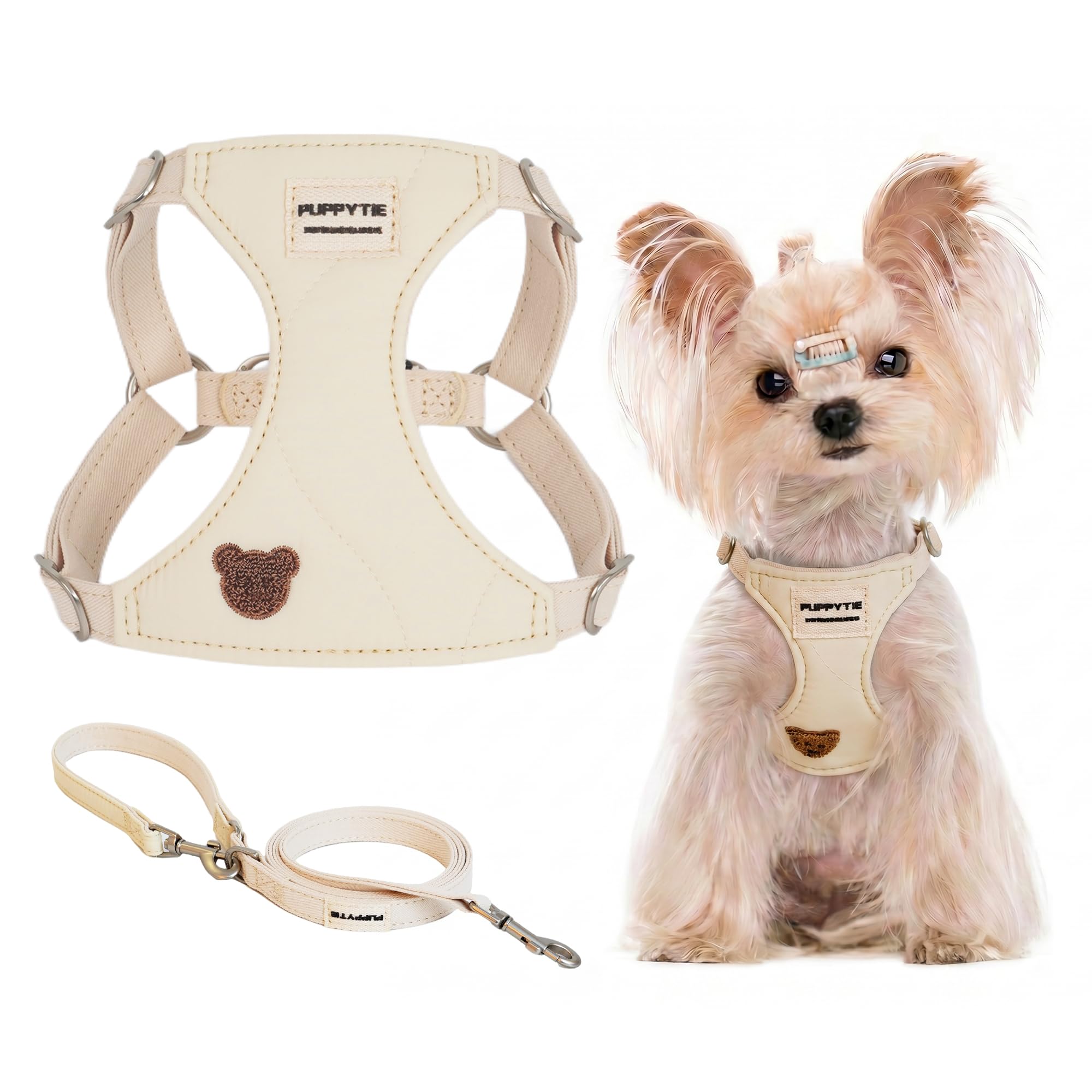 Puppytie Szelki i smycz dla psa ze wzorem niedźwiedzia, beżowa, XS (2-5 kg)