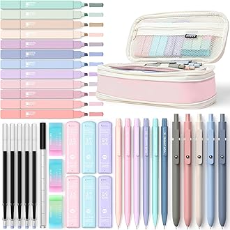 Four Candies Pack of 39 School Supplies with Pencil Case, 12 Pastel Highlighters, 5 Gel Pens, 6 Mechanical Pencil Set, Aesthetic Pens for Teenagers Girls Cool Things School Stuff Clean Girl Office