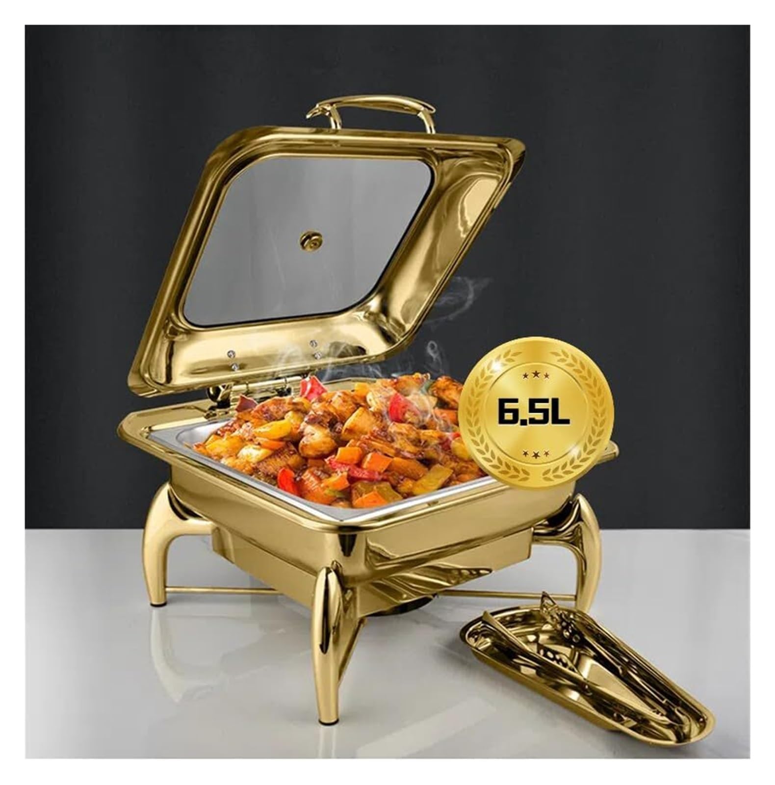 Scaldavivande Quadrati in Acciaio Inox for Buffet Cucina a Buffet | Con coperchio in vetro e design ammortizzante: scaldavivande for feste a buffet, supporto stabile(Gold)