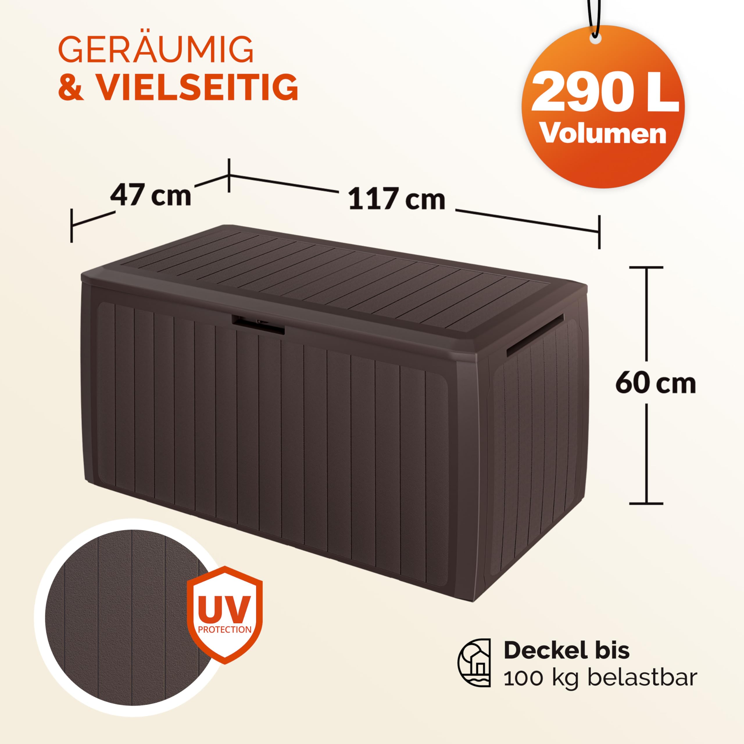Casaria® Gartenbox Auflagenbox abschließbar Braun 290L UV-beständig Haltegriffe Rollen Verschlussvorrichtung Balkon Garten Kissenbox Aufbewahrungsbox 117x47cm Wetterfest Paneelstruktrur