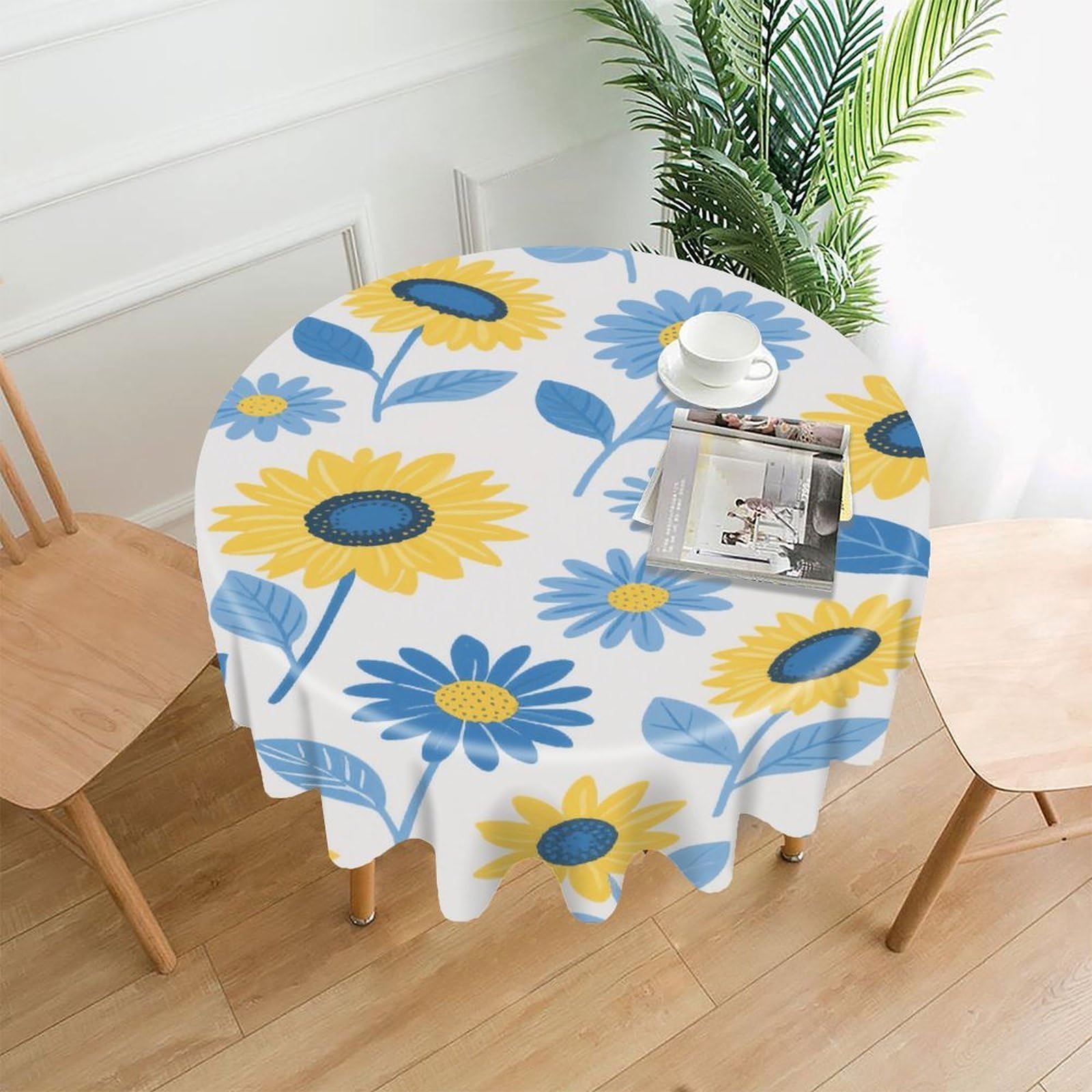 VstaDank Sunflower & Blue Daisy Tablecloth Easy to Clean Polyester Round Table Cover Washable Round Table Cloth Wrinkle-Free Circle Decoration Tablecloth for Kitchen Dining Room 60"