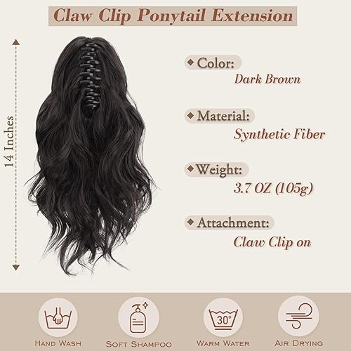 Miniatura 2 de BARSDAR Extensión de cola de caballo marrón, extensiones de cabello sintético grueso y suave con clip de garra, extensiones de cabello sintético