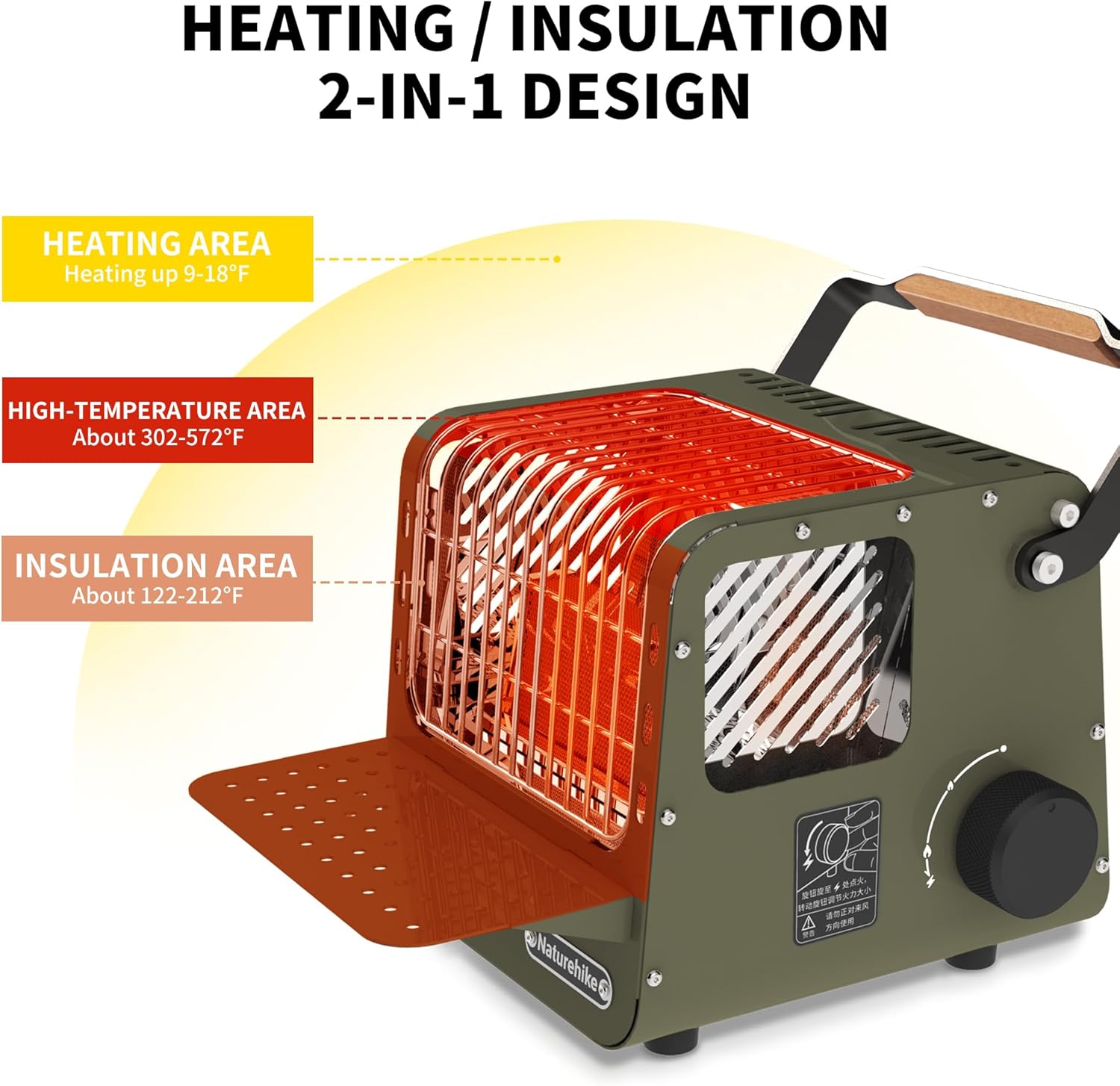 Naturehike Portable 3-in-1 Camping Heater, 3750 BTU Butane Tent Heater with Insulated Shelf & Handle