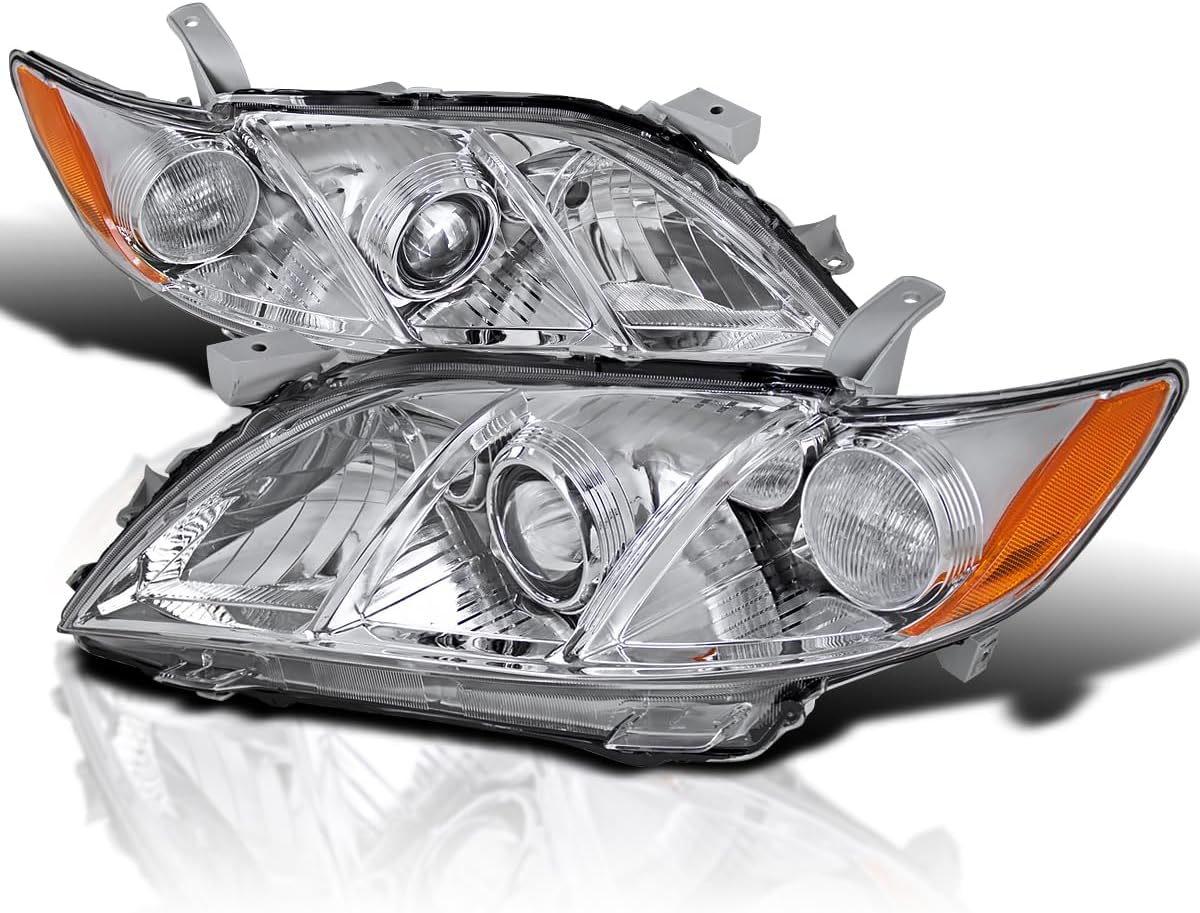 SPEC-D TUNING Chrome Projector Headlights W/Amber Reflector Compatible with 2007-2009 Toyota Camry, Left + Right Pair Headlamps Assembly